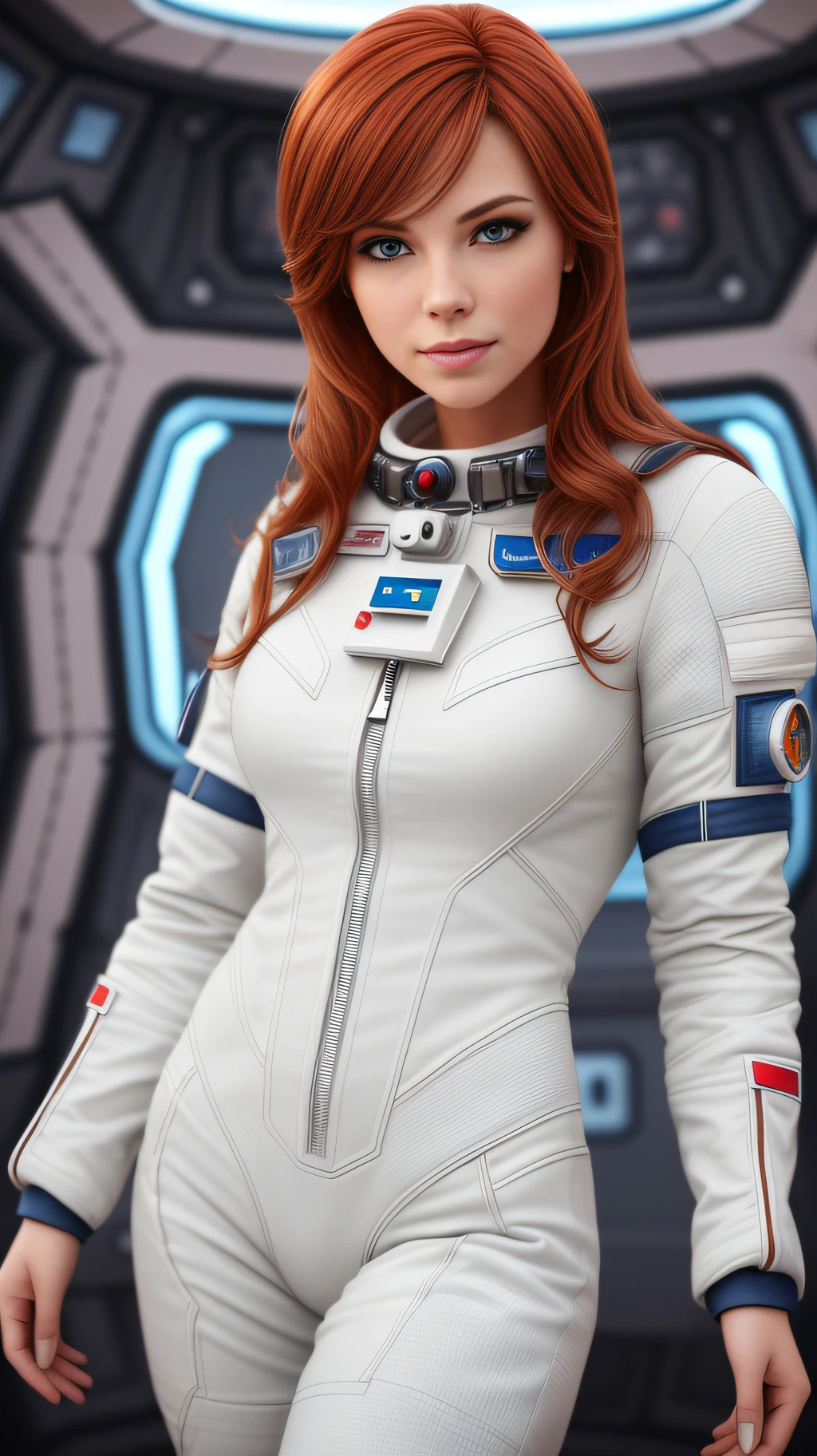 a portrait photograph of a gorgeous redhead in white spacesuit, standing inside the spaceship, attractive, flirtatious, looking at the viewer, detailed skin, highly detailed and diffuse soft lighting, hyperrealism, cinematic lighting