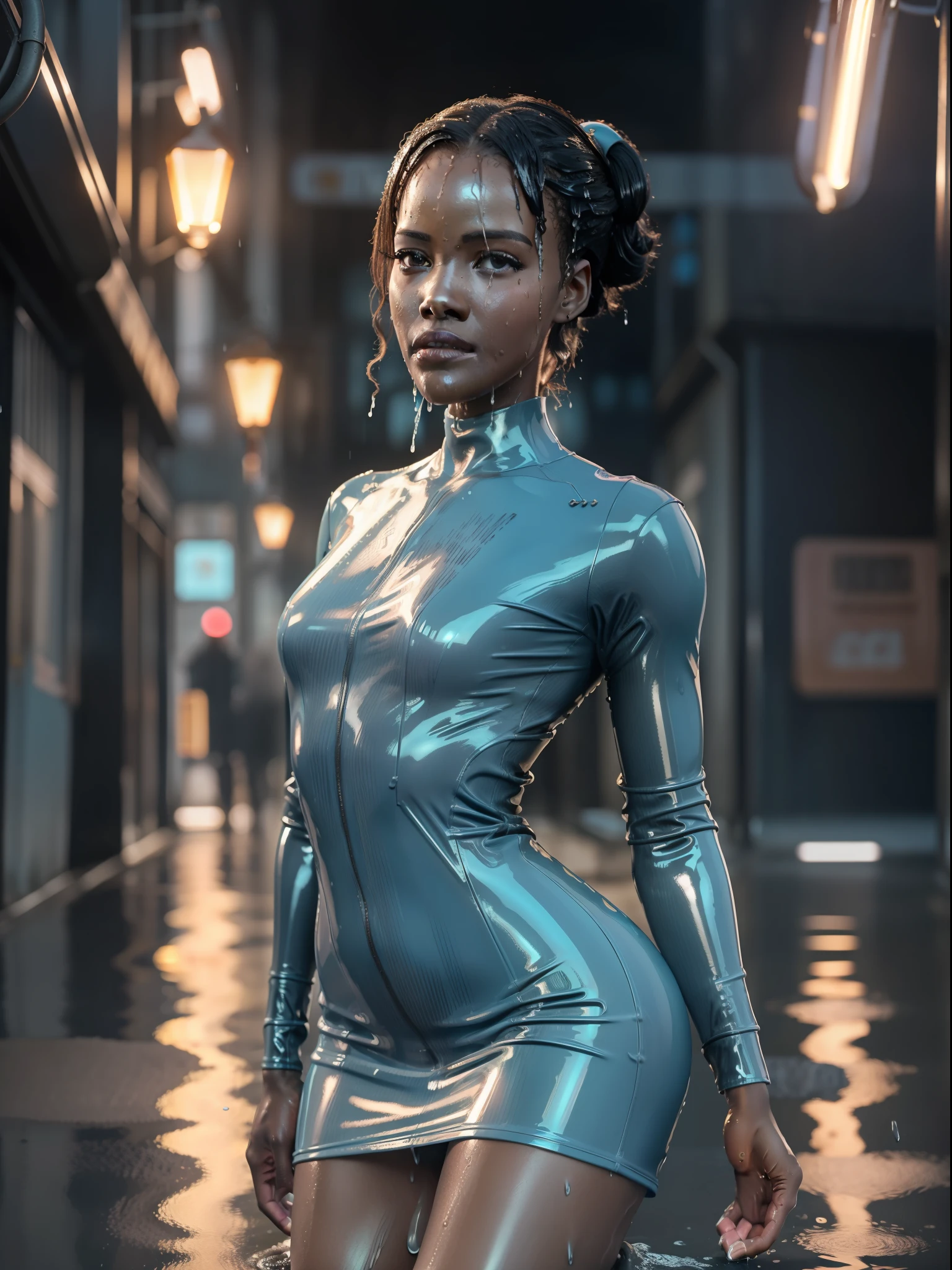 (8k, ARTISTIC photography, best quality, masterpiece: 1.2) ((Lupita nyong'o)) film still of a photorealistic beautiful afro-american woman, ( in wet cyberpunk alley wearing a futuristic light blue latex dress:1.5), cute face, ebony (edgerunner, geisha):1.25, staring at the camera in front, Blonde hair,((dynamic pose))) over-detailed face,, beautiful body, toned body, latex fetish, 8k uhd, SLR camera, soft lighting, high quality, film grain, Arri Alexa mini , , Cinematic lighting, octane render, Bar lighting, complex, 8k resolution concept art portrait , edgerunner, blade runner, Cyberpunk 2077, fractal isometrics details bioluminescence, hyperrealistic, photo awesome, gritty, realistic, (((pure 8K))), (((perfect anatomy))), extremely high-quality graphics, Riddley Scott, Blade Runner, Denis Villeneuve, Cyberpunk 2077 (((cinematic lighting))), ((clear details)), complex, highly detailed background,