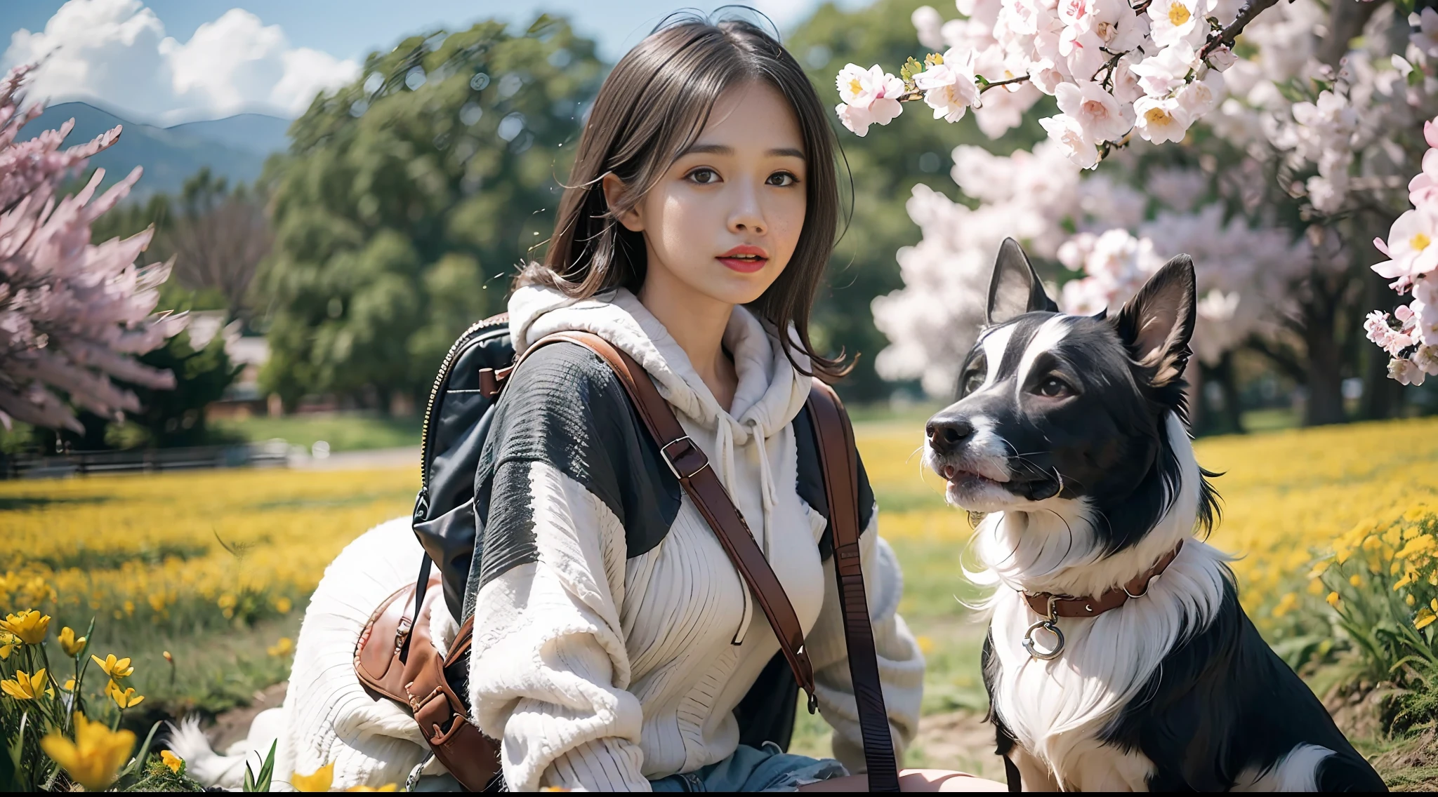 Very attractive with a backpack,and her adorable border collie,Bask in the beautiful scenery of spring,It is surrounded by a sea of brilliant yellow flowers。This illustration is a cartoon-style HD picture,Detailed facial features and fine details are clearly revealed,Resolution up to 4K。
