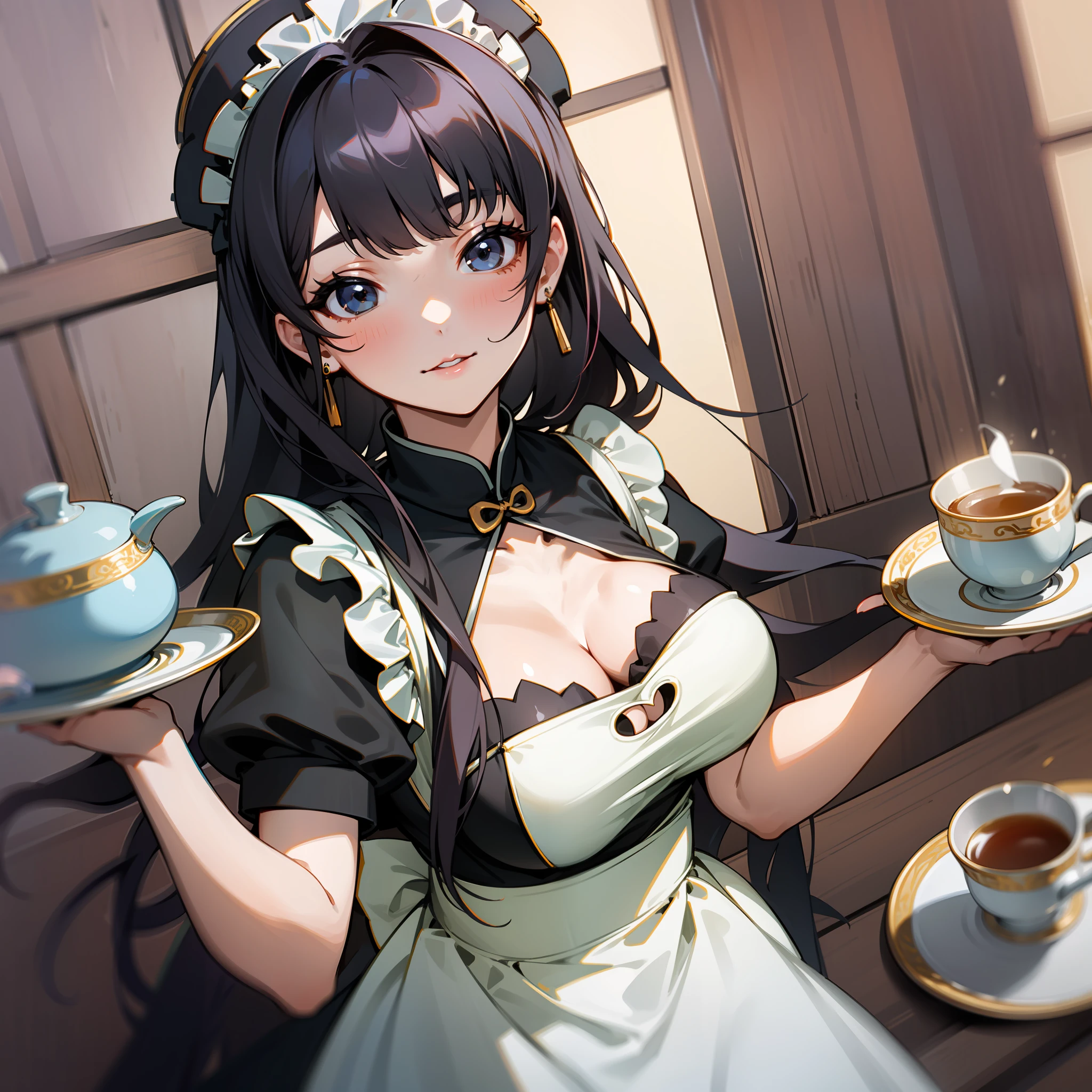 there is a a china maid with a pot holding tea on her tray 1 girl, breasts, solo, black hair, cleavage, long hair, tray, holding, looking at viewer, earrings, maid headdress, jewelry, apron, bangs, clothing cutout, hair ornament, maid, black eyes, dress
