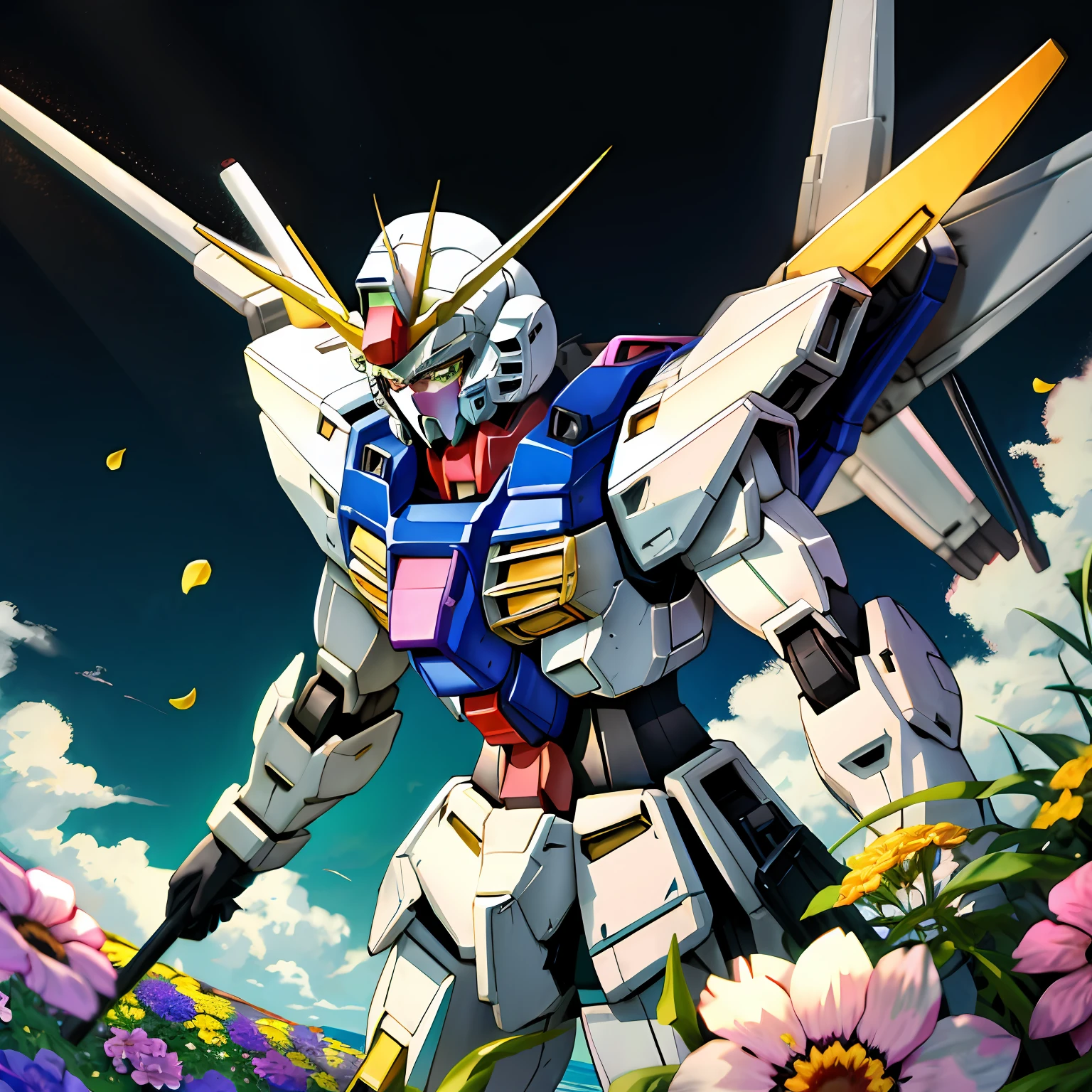 Very type of Gundam,In a sea of colorful flowers