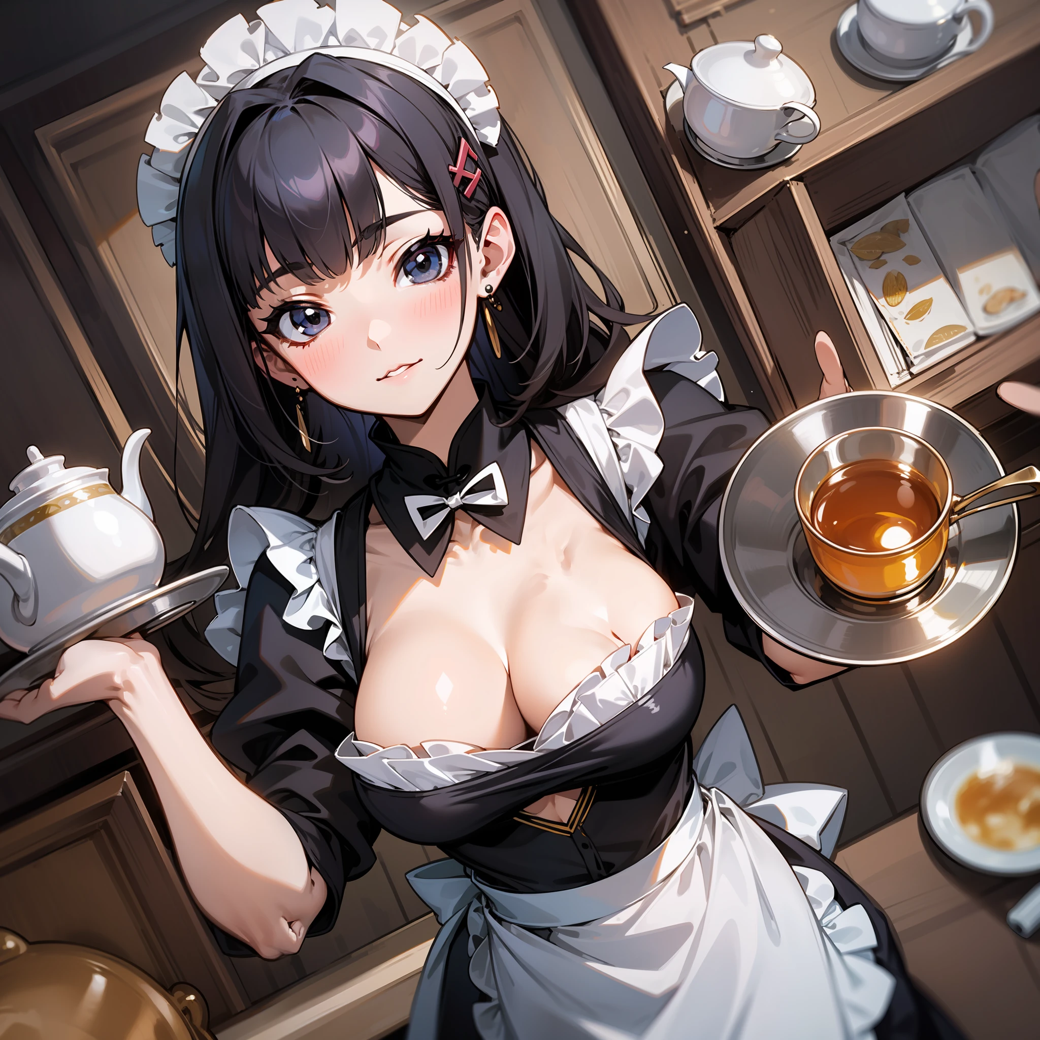 there is a a china maid with a pot holding tea on her tray 1 girl, breasts, solo, black hair, cleavage, long hair, tray, holding, looking at viewer, earrings, maid headdress, jewelry, apron, bangs, clothing cutout, hair ornament, maid, black eyes, dress