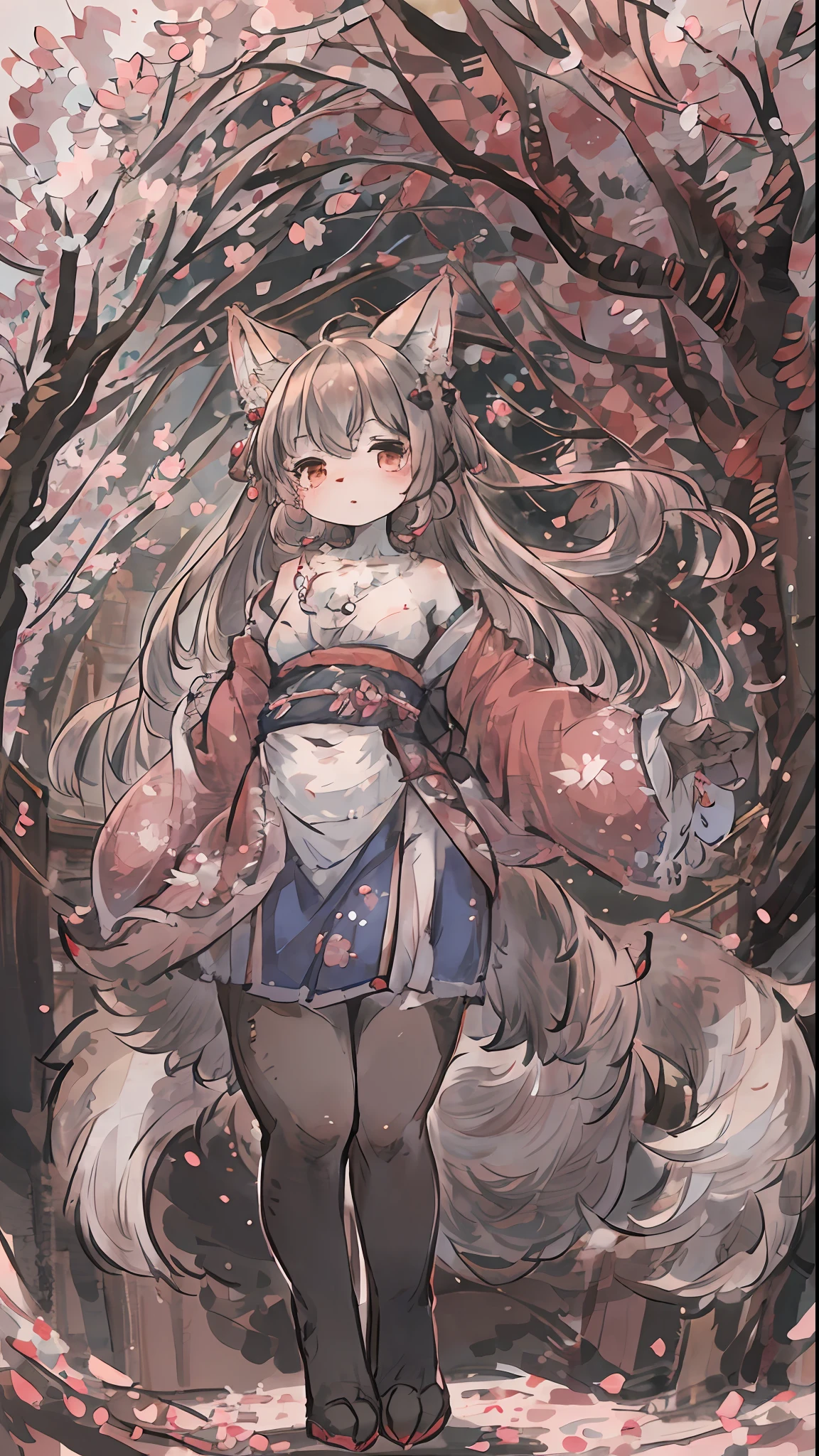 masterpiece, shuimobysim, badashanren, Shukezouma, kimono, The cherry tree, cherry blossoms dancing in the wind(super cute 1girl, solo, kemono, furry anthro)(animal ear, animal tail)full body,