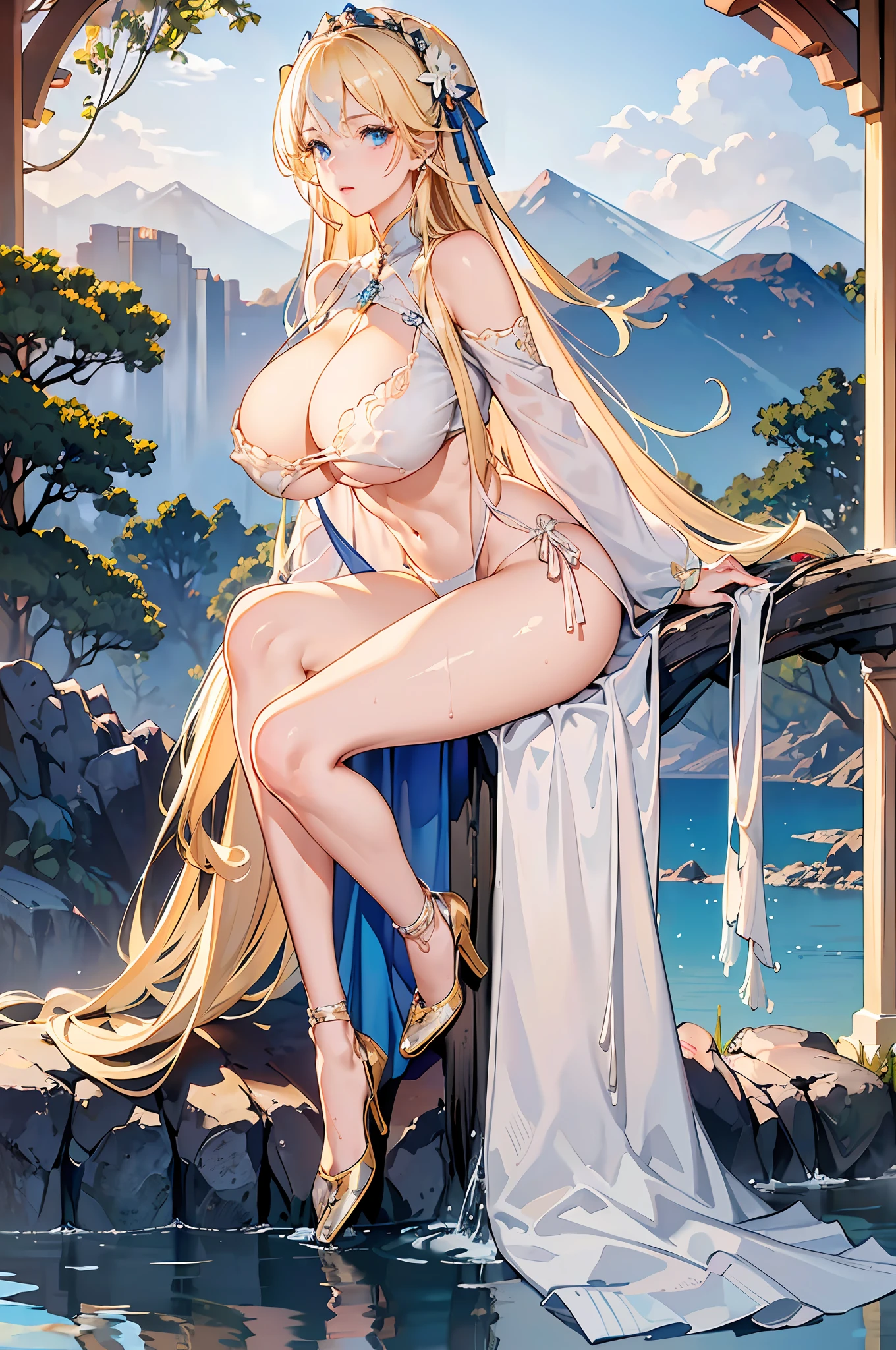 ((front view shot)), ((A very cute girl sitting on floor, and wearing a white silk extreme micro string, a loincloth of white silk string, in a beautiful park)),(( spread her legs)), ((open legs)), (((wet panties))), ((smug look)), ((wearing a white silk plunging open shirt: 1.5)), (((Huge breasts :1.4, and droopy breasts:1.5))), 8k, RAW photo, ((full body shot)), (highly detailed skin:1.2), (exposed:1.5), (exposed breasts:1.5), (exposed back:1.5), (exposed shoulders:1.1), (exposed crotch:1.5), photography, masterpiece, best quality, dark grey background, (a beautiful caucasian girl with beautiful blue eyes, gorgeous light blonde hair, white skin, Huge soft breasts and beautiful abs, ((blonde pubic hair)),Ultra-detailed face, ((Detailed eyes)),