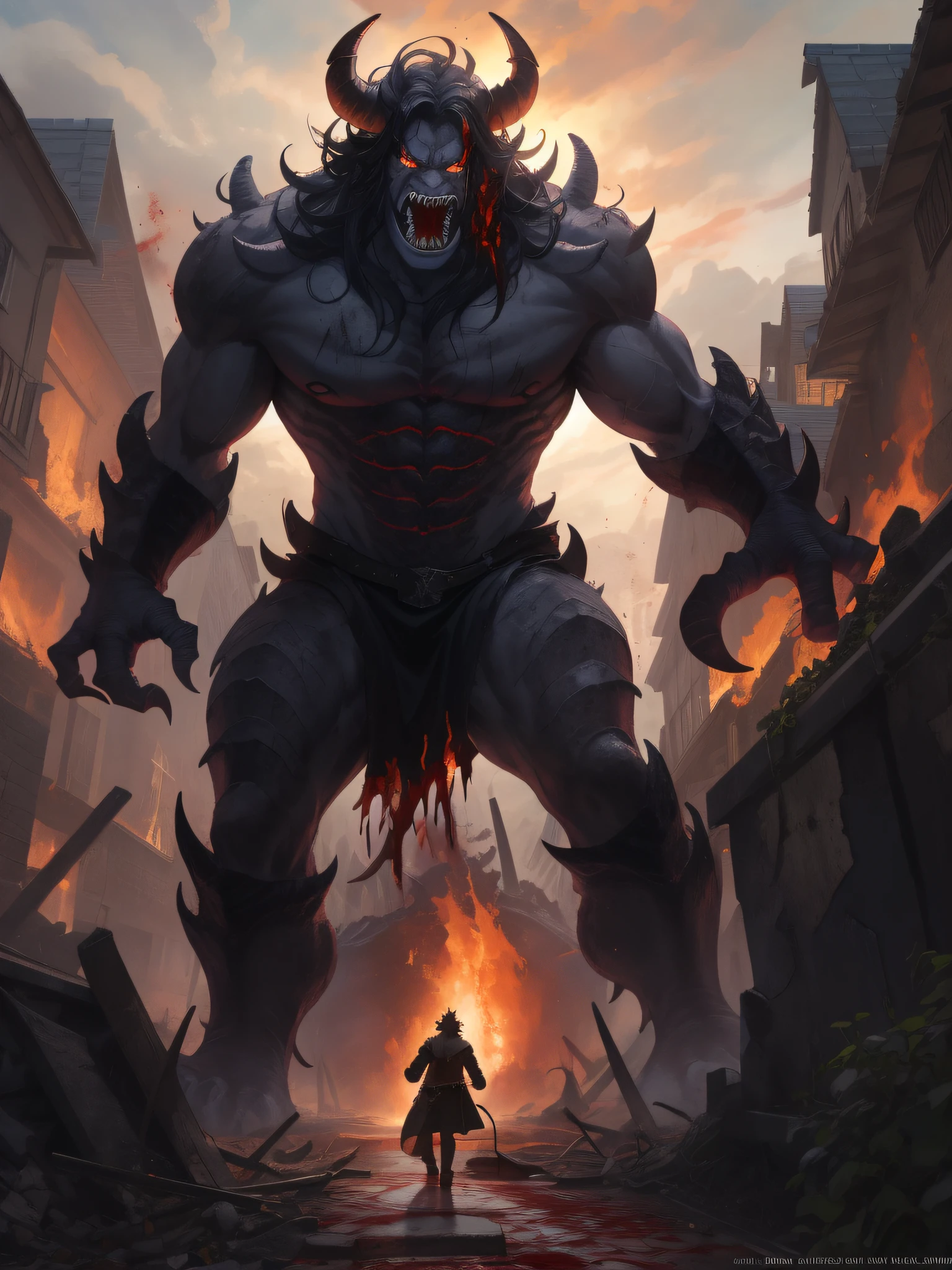 An epic scene in a desolate village reduced to ruin, there is a colossal demon monster with dark skin and huge curved horns on its forehead, in its mouth its huge teeth are covered with blood and remains of its victims. In front of him is a young, bruised, white-haired boy who, even staggering, defies the beast with determination while a magical flame appears in his hand