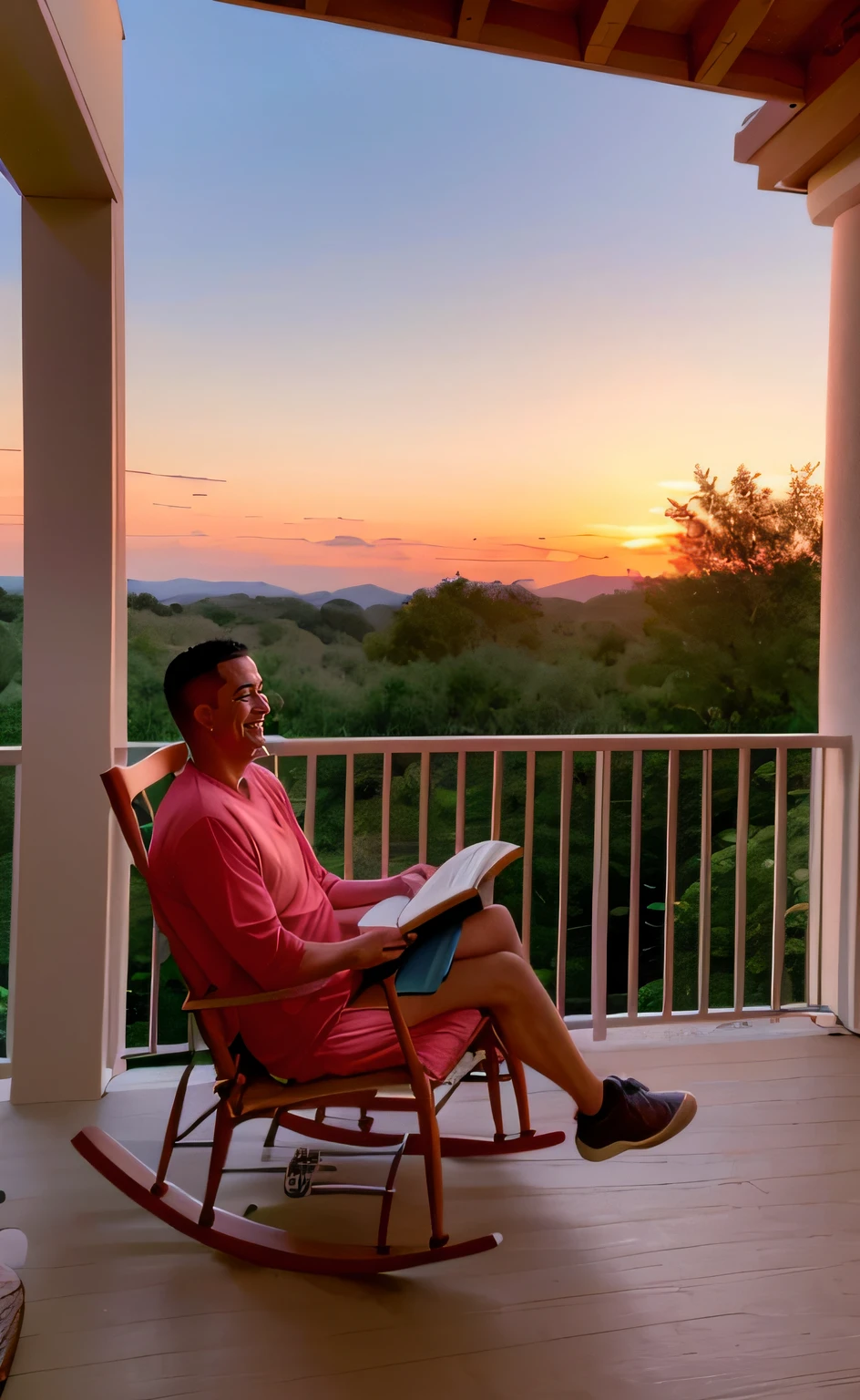 A person sitting in a rocking chair on the porch, looking at the sunset. The person is reading a Bible and has a smile on his face. Sunsets are beautiful and peaceful with orange and pink colors in the sky. There are trees and flowers on the porch, and the air is filled with the sound of birdsong.