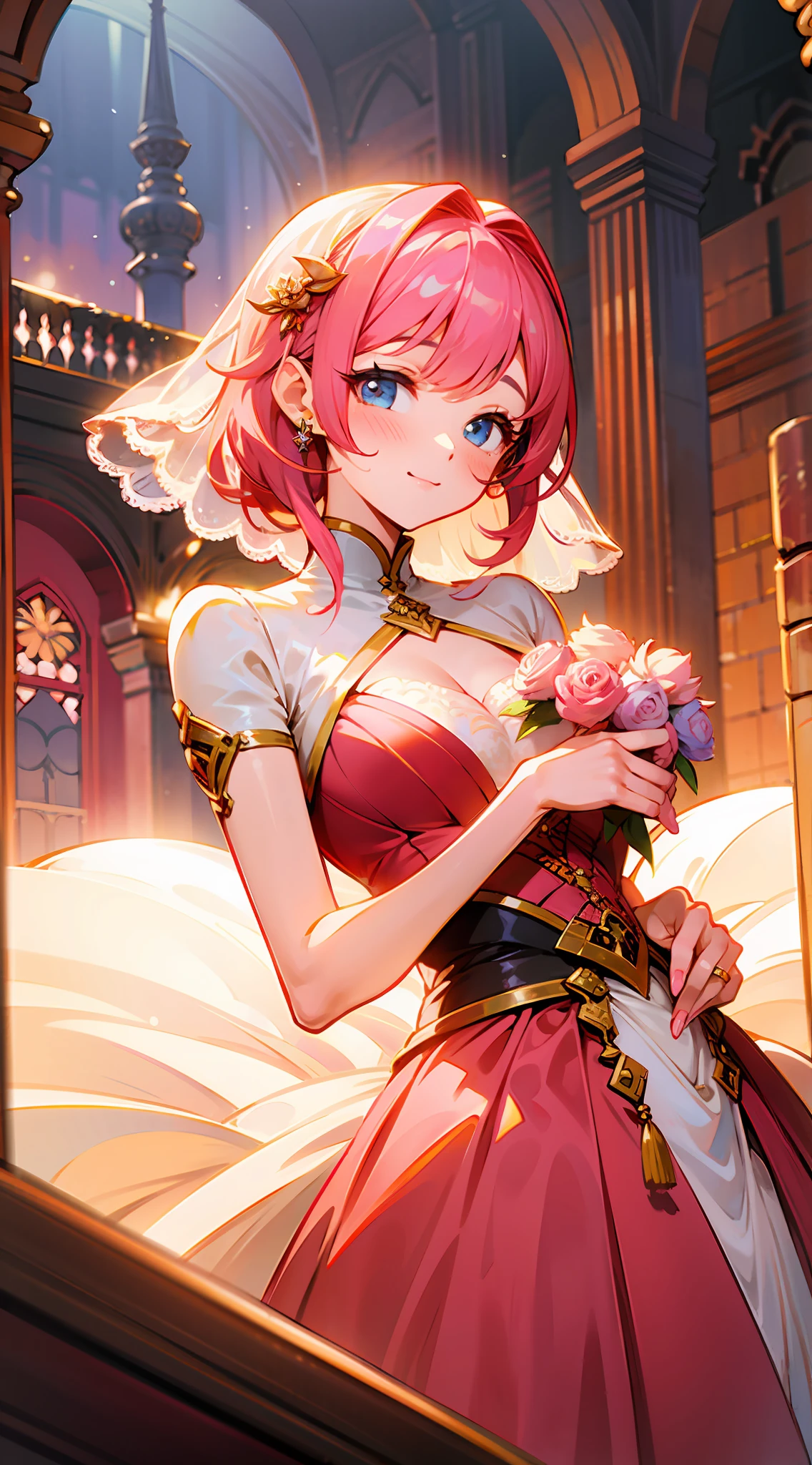 weddingdress、warm color、Sunshine、Wedding、Medium hair in pink color、Fantasy worldview、Tied hairstyle、