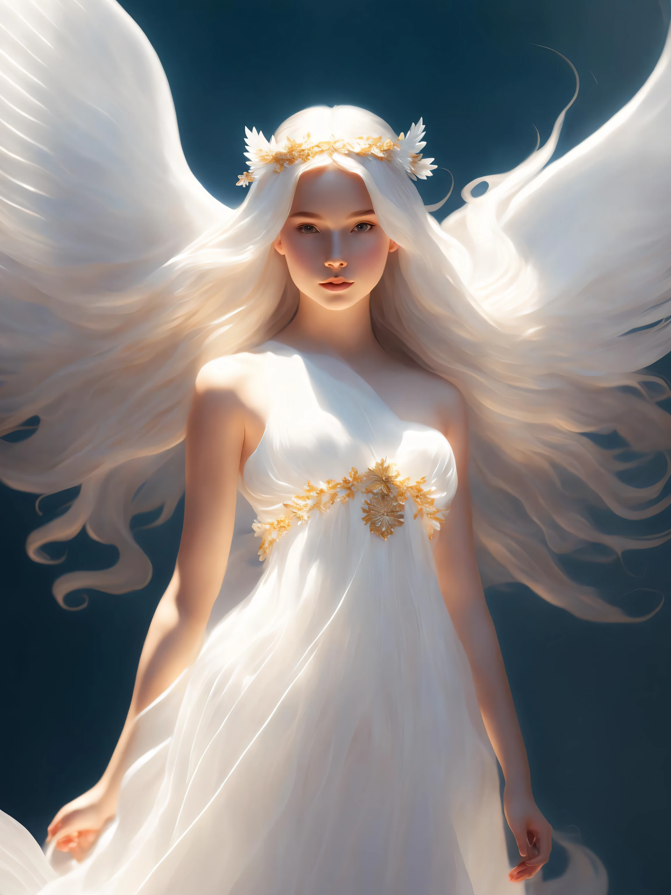 young girl angel, with floating hair, flowing white gown, highly detailed, digital painting, artstation, concept art, smooth, sharp focus, illustration, unreal engine 5, 8k, art by artgerm and greg rutkowski and alphonse mucha