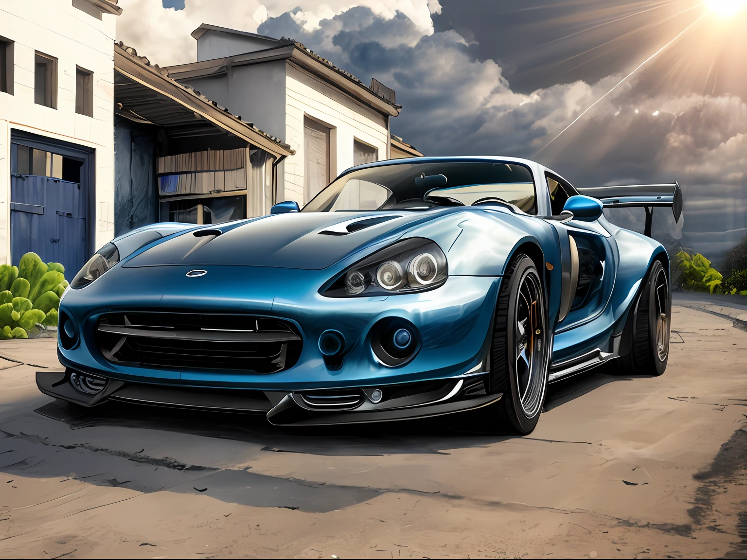 desenho de um carro super realista da cor prata metalica  , peneu de borracha ,farois angel eyes vermelhos ,  Sky with beautiful clouds and glow of the sun reveling in the paint of the car,imagem perfeita, Luz Real. imagem 64k