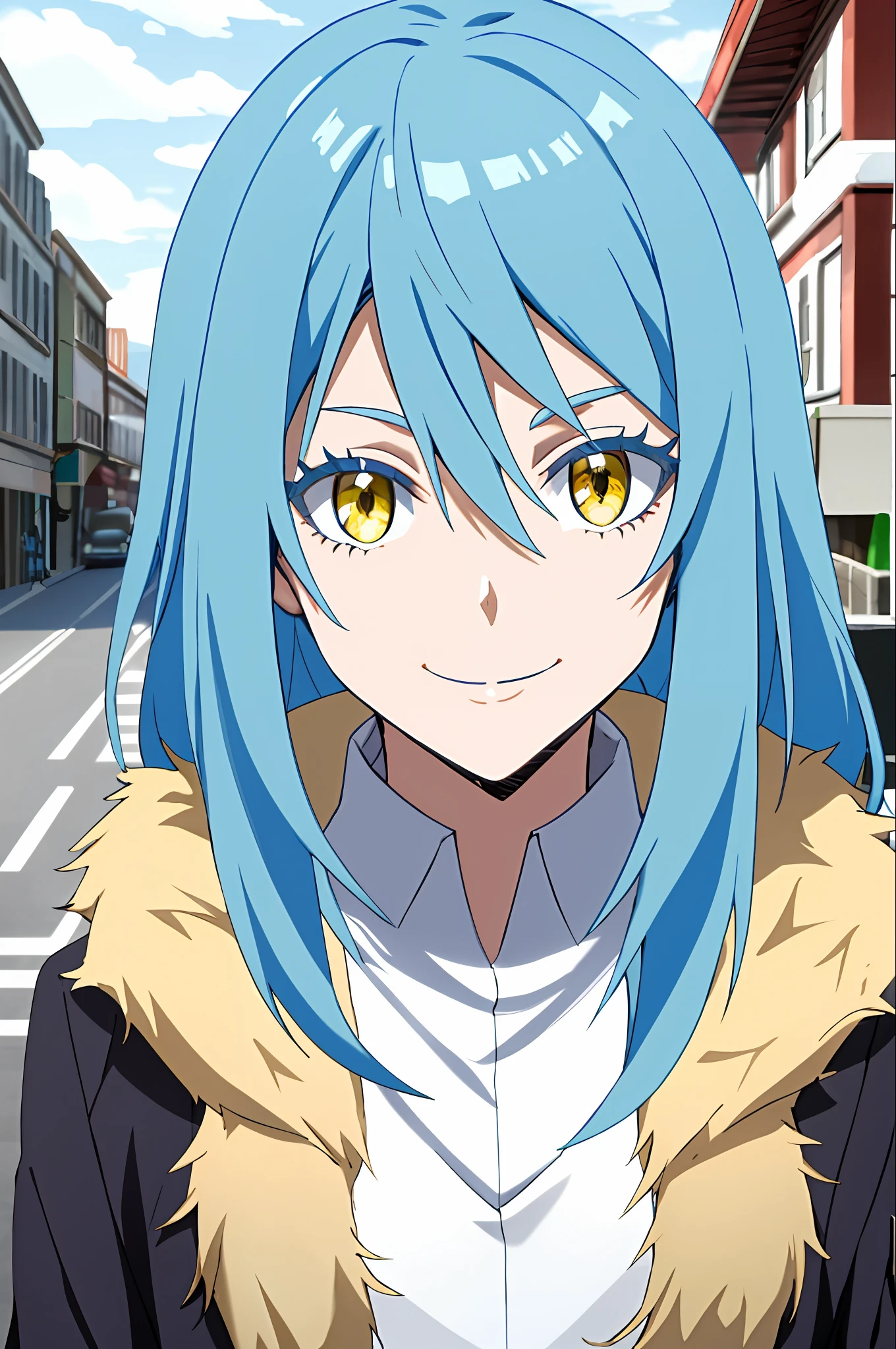 tensura, Shirt, Yellow eyes, Blue hair, Smile, Long hair, 1other, Hair between the eyes, looking to viewer, Bangs, 独奏, fur-trim, closed mouth, androgynous, at street, colored eyelashes, Shiny hair, ((Masterpiece))