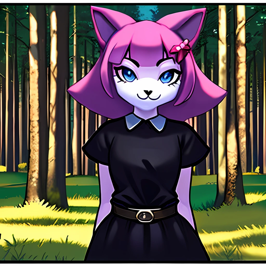 Tudo isto resultou em uma obra-prima: com a melhor qualidade e texturas ultra-detalhadas, the Hairy character is a mobiana with blue eyes and animal ears, which has the appearance of a lilac wolf. She is wearing a beautiful black dress with a belt and a lilac tail, and is smiling in a forest surrounded by stunning trees, modelo : SonicDiffusion