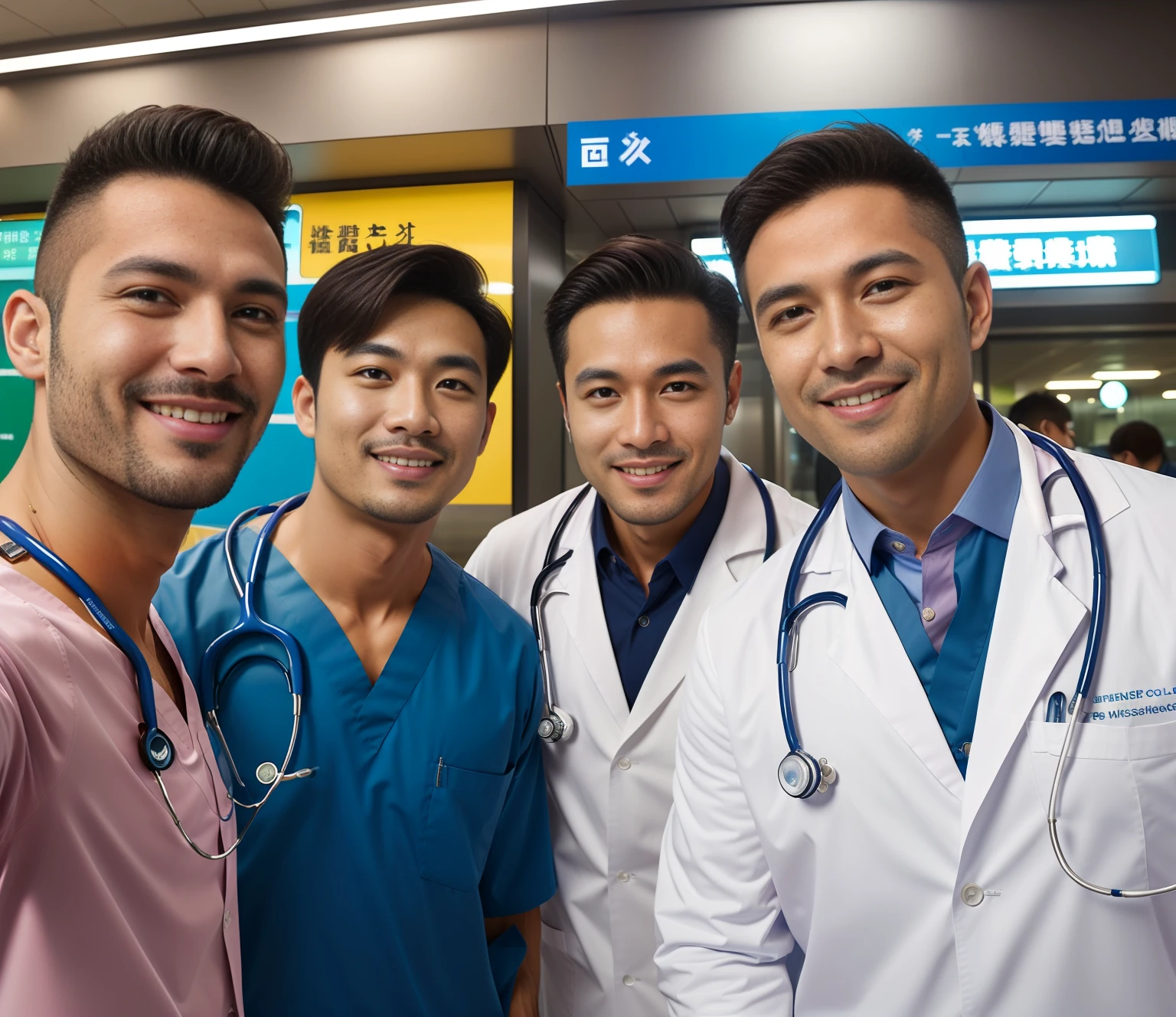 (Best Quality, Masterpiece), (Ultra Detailed Colors), 8K, raw, Canon 5D, f/1.8, ISO 6400 Certified, guangjiao, Realism, Movie, a poster for a, photo, (Detailed face), Three Taiwanese male doctor stand outside the urban subway station, They are mature and handsome. Some of them are wearing doctor uniforms or men's thongs, Smile slightly, and taking selfies with their mobile phone. All three doctors looked at the camera phone. [Sweating:1.2] sweating through,