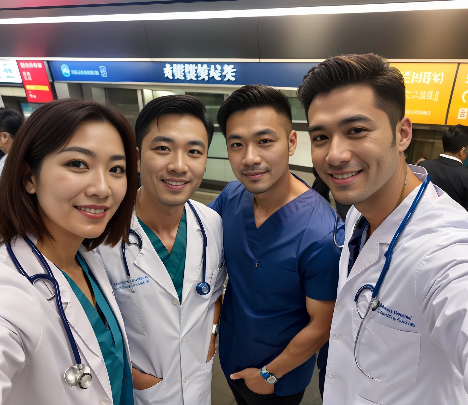 (Best Quality, Masterpiece), (Ultra Detailed Colors), 8K, raw, Canon 5D, f/1.8, ISO 6400 Certified, guangjiao, Realism, Movie, a poster for a, photo, (Detailed face), Three Taiwanese male doctor stand outside the urban subway station, They are mature and handsome. Some of them are wearing doctor uniforms or men's thongs, Smile slightly, and taking selfies with their mobile phone. All three doctors looked at the camera phone. [Sweating:1.2] sweating through,