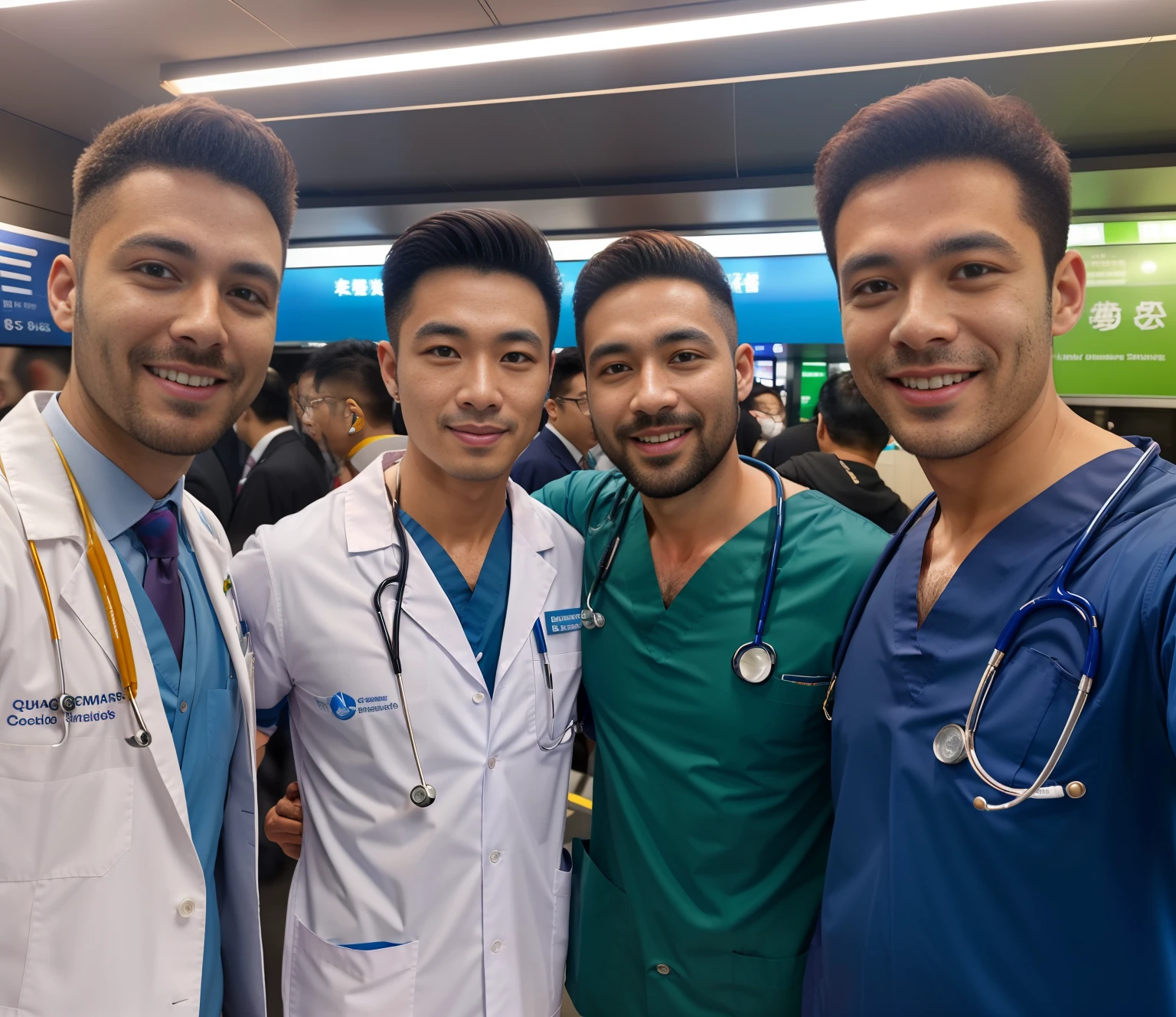 (Best Quality, Masterpiece), (Ultra Detailed Colors), 8K, raw, Canon 5D, f/1.8, ISO 6400 Certified, guangjiao, Realism, Movie, a poster for a, photo, (Detailed face), Three Taiwanese male doctor stand outside the urban subway station, They are mature and handsome. Some of them are wearing doctor uniforms or men's thongs, Smile slightly, and taking selfies with their mobile phone. All three doctors looked at the camera phone. [Sweating:1.2] sweating through,