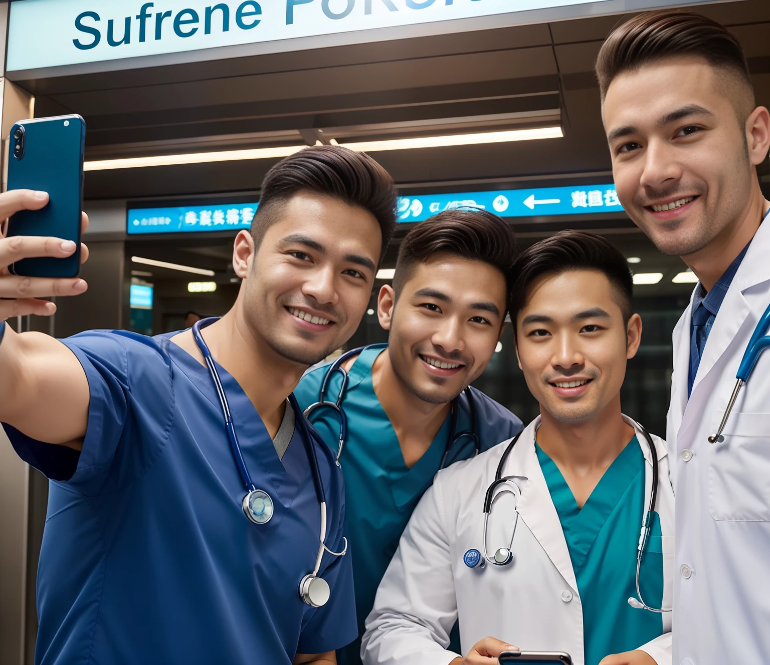 (Best Quality, Masterpiece), (Ultra Detailed Colors), 8K, raw, Canon 5D, f/1.8, ISO 6400 Certified, guangjiao, Realism, Movie, a poster for a, photo, (Detailed face), Three Taiwanese male doctor stand outside the urban subway station, They are mature and handsome. Some of them are wearing doctor uniforms or men's thongs, Smile slightly, and taking selfies with their mobile phone. All three doctors looked at the camera phone. [Sweating:1.2] sweating through,