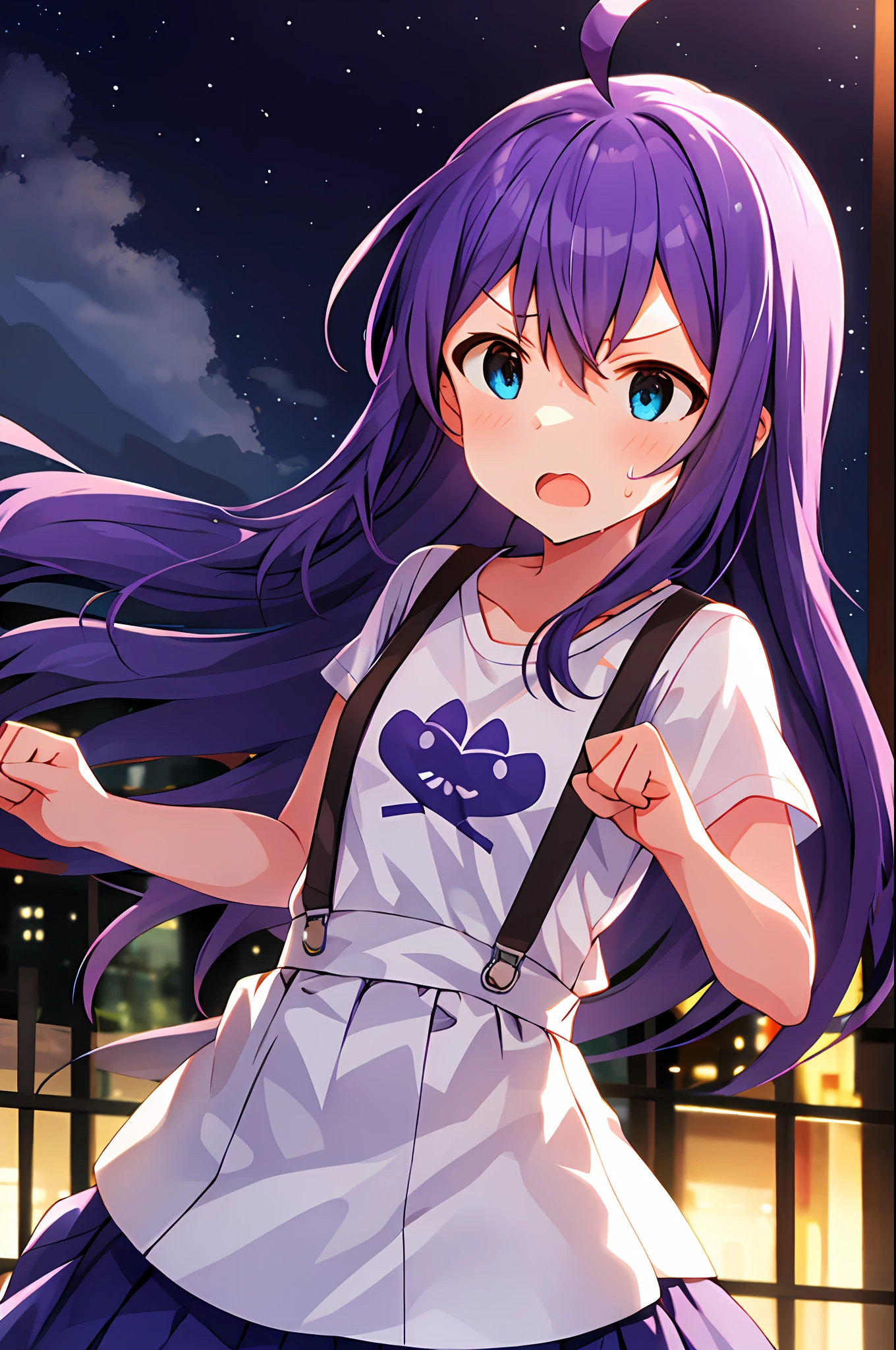 mochizuki anna,1girl in,Solo,Long hair,Purple hair,Small_Ahoge,Blue Eyes.Short stature.white t-shirts.suspenders.Skirt.Night view.fighting stance.Despair face.Clench your fists.Sweat.Opening Mouth.