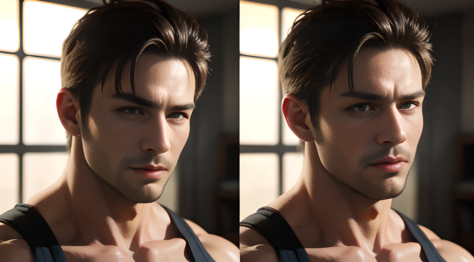 (Cowboy Shot), (one male gay handsome muscular man in their 30s wearing men's yellow tanktop), (he resembles Chris Redfield from Resident Evil), A ruggedly handsome, well-built protagonist with a towering stature, striking very short blond hair, chiseled features, and intense, captivating blue eyes, Mischievous smile, (small details: 1 in 1), Natural muscles, HIG quality, Beautiful  eyes, (Detailed face and eyes), (Face、: 1 / 2), Noise, Real Photographics、... ..............................PSD, Sharp Focus, High resolution 8K, realisitic & Professional Photography, 8K UHD, Soft lighting, High quality, Film grain, FUJI XT3