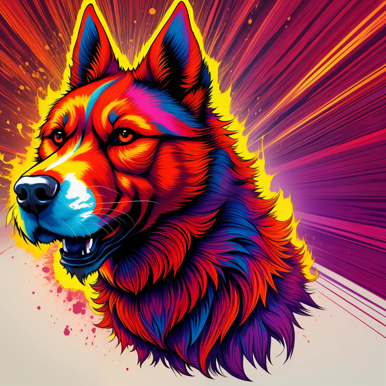 a red dog head, with explosion of colors in the background art line art for shirt