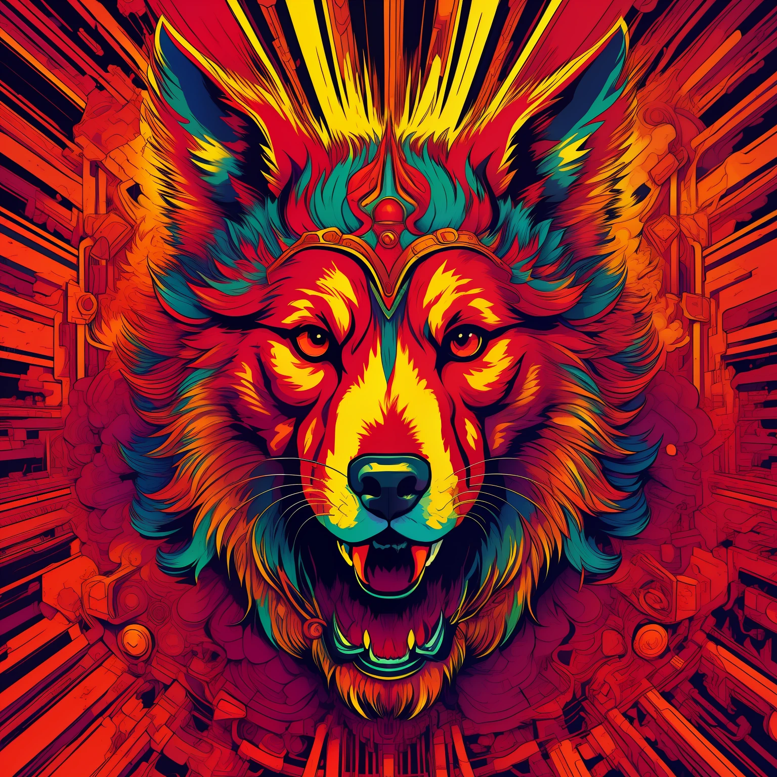 a red dog head, with explosion of colors in the background art line art for shirt