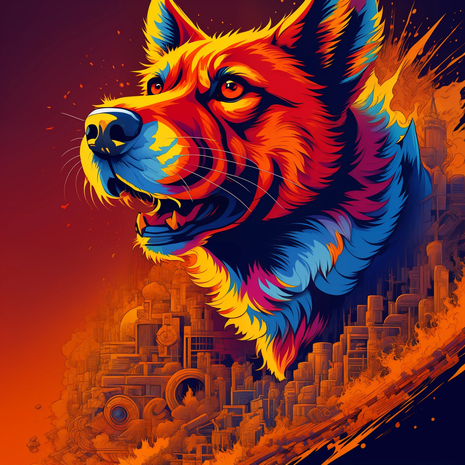 a red dog head, with explosion of colors in the background art line art for shirt