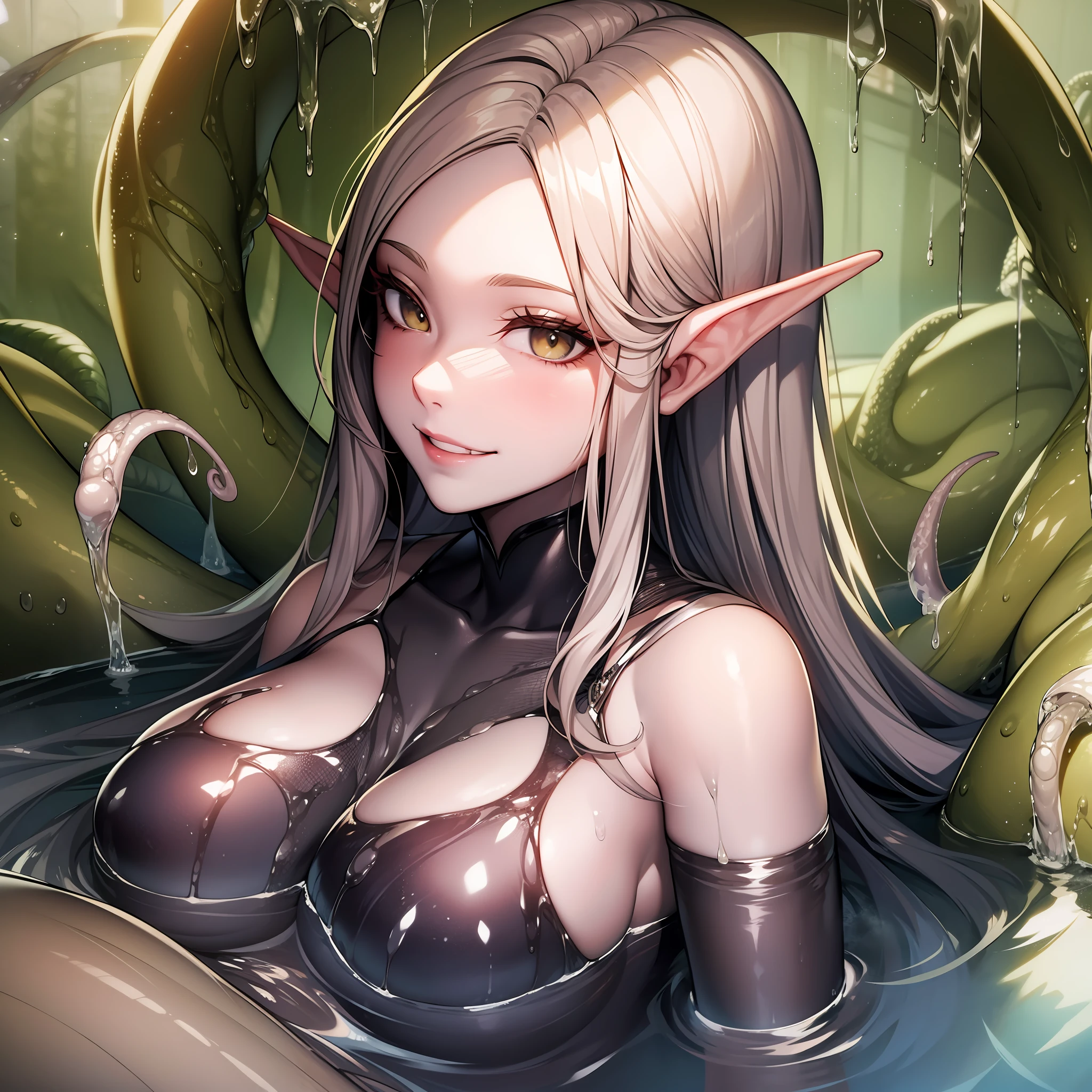 Elven woman manipulating hot water dripping tentacles、wicked smile、Entangled tentacles、ultra-definition、Brown-skinned、Cel Shade Adult Animation、Large public bath