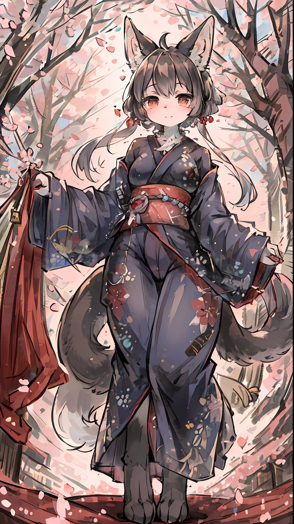 masterpiece, shuimobysim, badashanren, Shukezouma, kimono, The cherry tree, cherry blossoms dancing in the wind(super cute 1girl, solo, kemono, furry anthro)(animal ear, animal tail)full body,