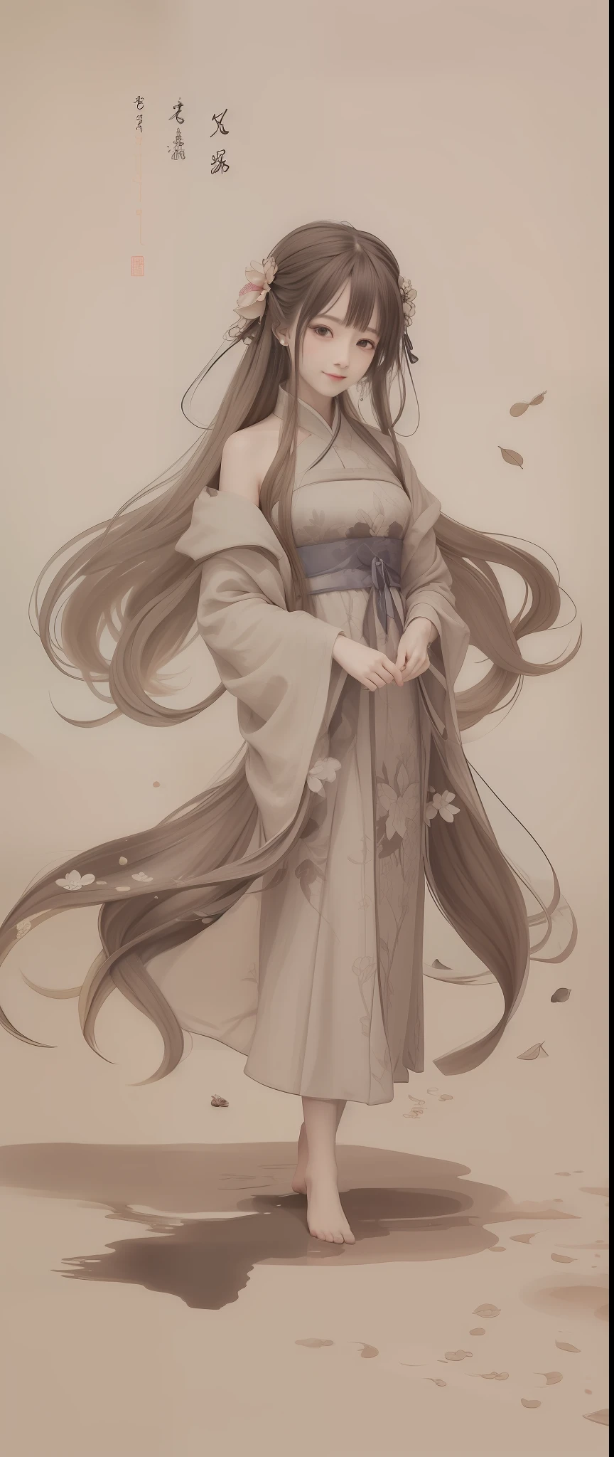 ((4k,masterpiece,best quality)), shuimobysim, traditional chinese ink painting, lotus, hanfu, maxiskit, dress conservatively 1girl, solo, long blue hair, smile, standing, feet in the water, barefoot,