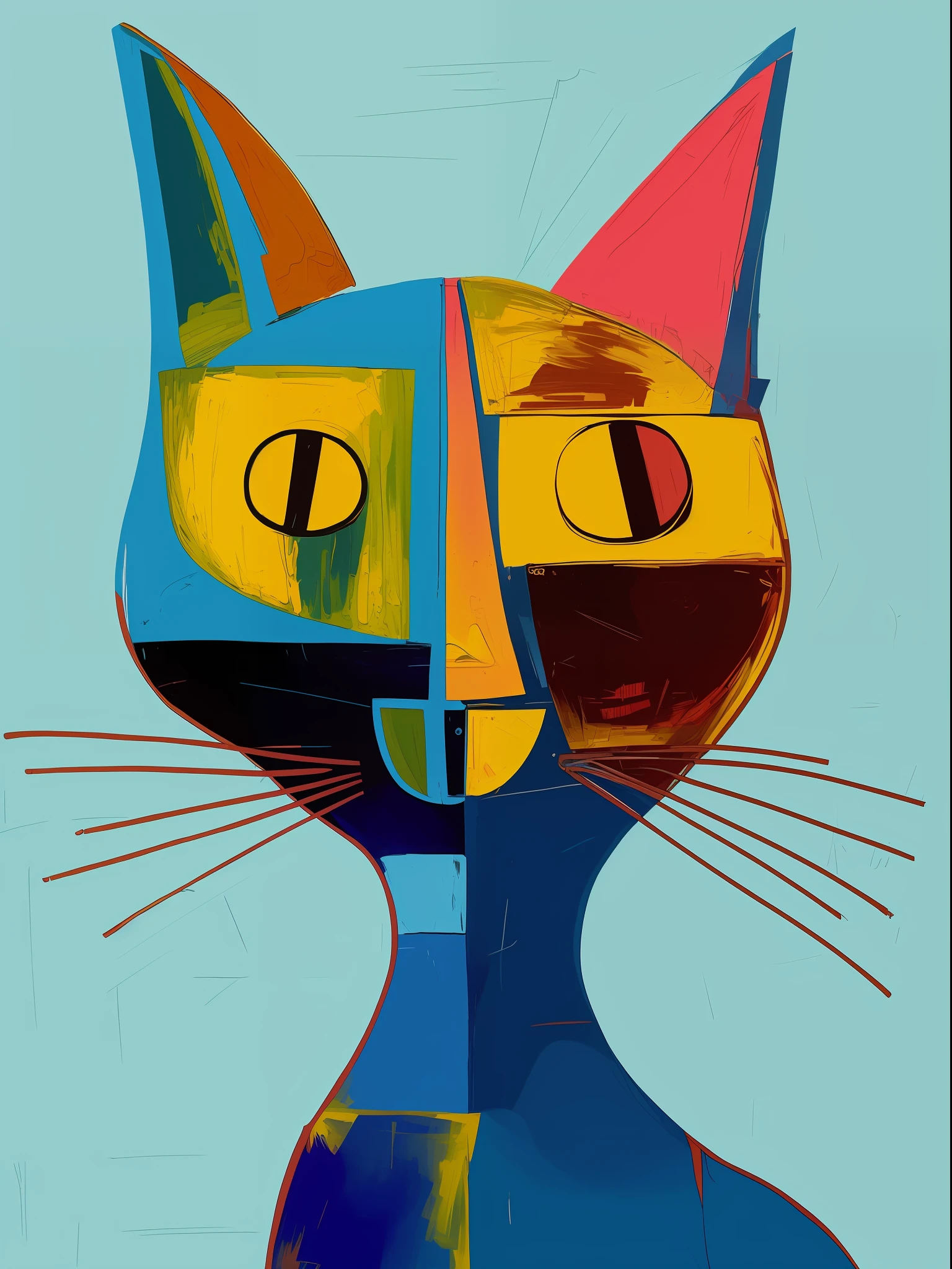pintura de um gato com um vermelho, amarelo, e rosto azul, "Retrato de um animal de desenho animado, anthropomorphic cat, Gato, quanto ele faz, por Art Brenner, Retrato de um gato, pintura de um gato, cat head, Directed by: Miroslava Sviridova, Directed by: Stefan Gierowski, Directed by: Amy Schumer, Directed by: Steven Belledin