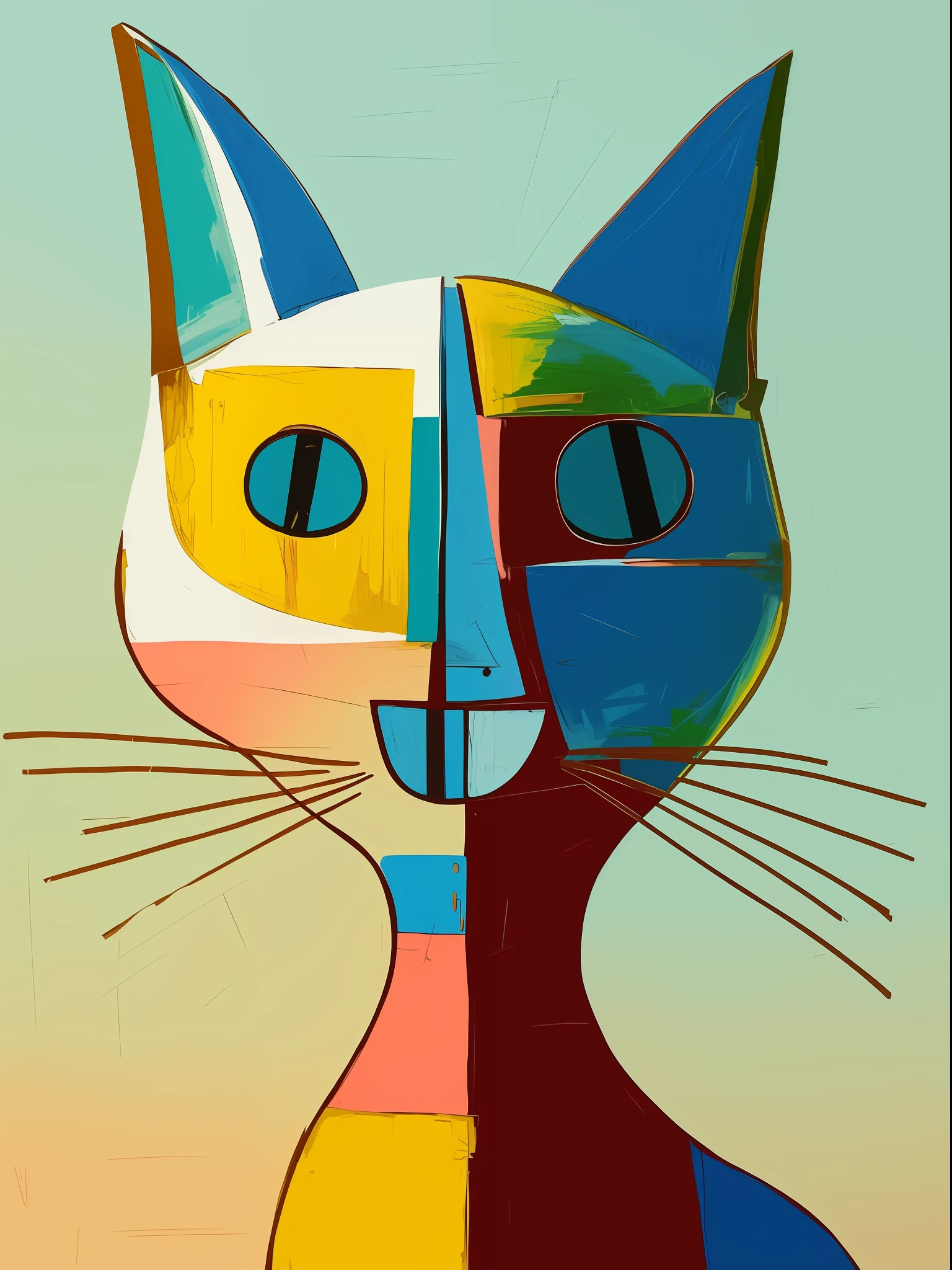 pintura de um gato com um vermelho, amarelo, e rosto azul, "Retrato de um animal de desenho animado, anthropomorphic cat, Gato, quanto ele faz, por Art Brenner, Retrato de um gato, pintura de um gato, cat head, Directed by: Miroslava Sviridova, Directed by: Stefan Gierowski, Directed by: Amy Schumer, Directed by: Steven Belledin
