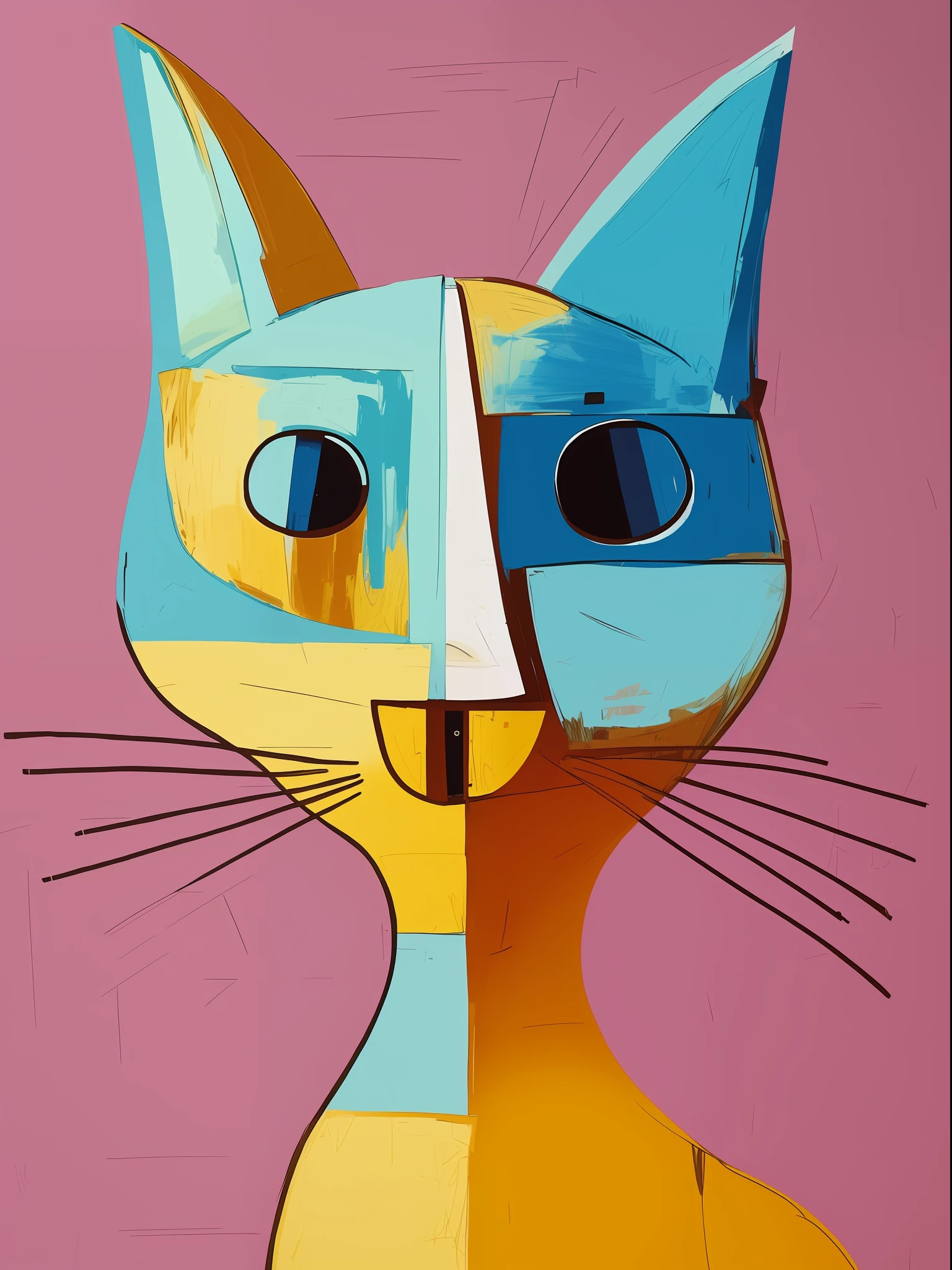 pintura de um gato com um vermelho, amarelo, e rosto azul, "Retrato de um animal de desenho animado, anthropomorphic cat, Gato, quanto ele faz, por Art Brenner, Retrato de um gato, pintura de um gato, cat head, Directed by: Miroslava Sviridova, Directed by: Stefan Gierowski, Directed by: Amy Schumer, Directed by: Steven Belledin