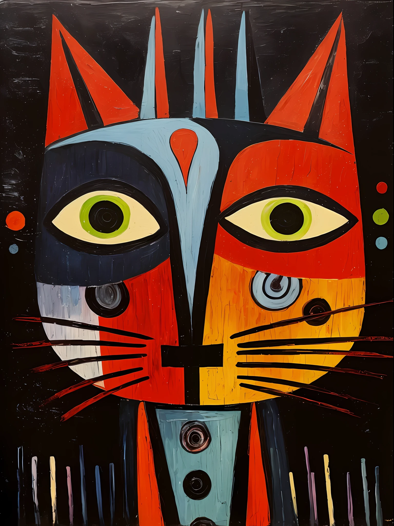 pintura de um gato com um rosto colorido em um fundo preto, Directed by: Nancy Carline, Directed by: Pat Adams, Directed by: Dahlov Ipcar, No estilo de Niko Pirosmani, arte popular, Directed by: Amy Schumer, inspirado em Victor Brauner, Directed by: Alexander Bihari, pintura de um gato, Directed by: Géza Udvary