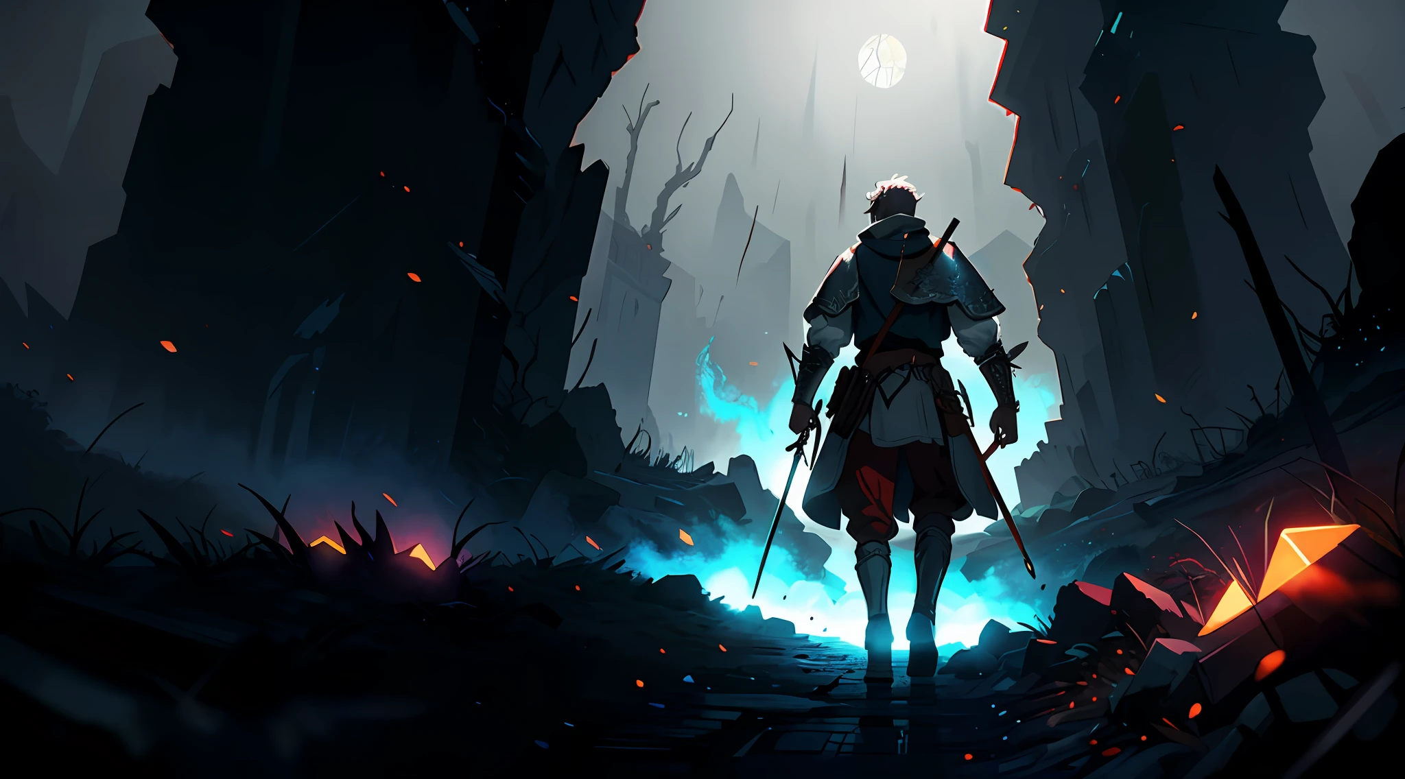 A detailed and intricate digital illustration of a medieval warrior in a dark valley of death, Paisagem, arte feita por Greg Rutkowski, ultra detalhada, trending on ArtStation, beautiful lighting, semi-realista, intrincado, folhas ao vento, Arte medieval, medieval, fantasia medieval, 4k, Pintura Digital 4K