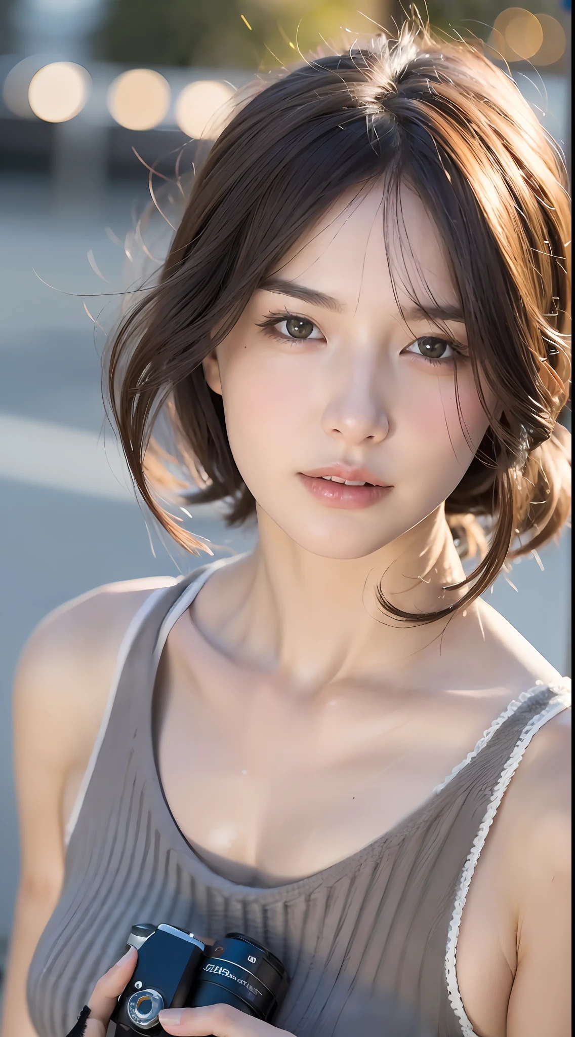 A girl holding a camera, 11 years old, mix4,(8k, RAW photo, best quality, masterpiece:1.2), (realistic, photo-realistic:1.37),1girl,cute,cityscape, night, rain, wet, professional lighting, photon mapping, radiosity, Physically-based rendering, gradient brunette hair, short curly hair, handsome, girly, white ball set, superb picture quality, high resolution, 1080p, (clear face), (detailed face description), (detailed hand description), (masterpiece), (exquisite CG), extreme light and shadow, messy hair, masterpiece, rich detail, (exquisite facial features), (highest image quality), (masterpiece), (detailed eyes), look forward to your eyes, delicate collarbone