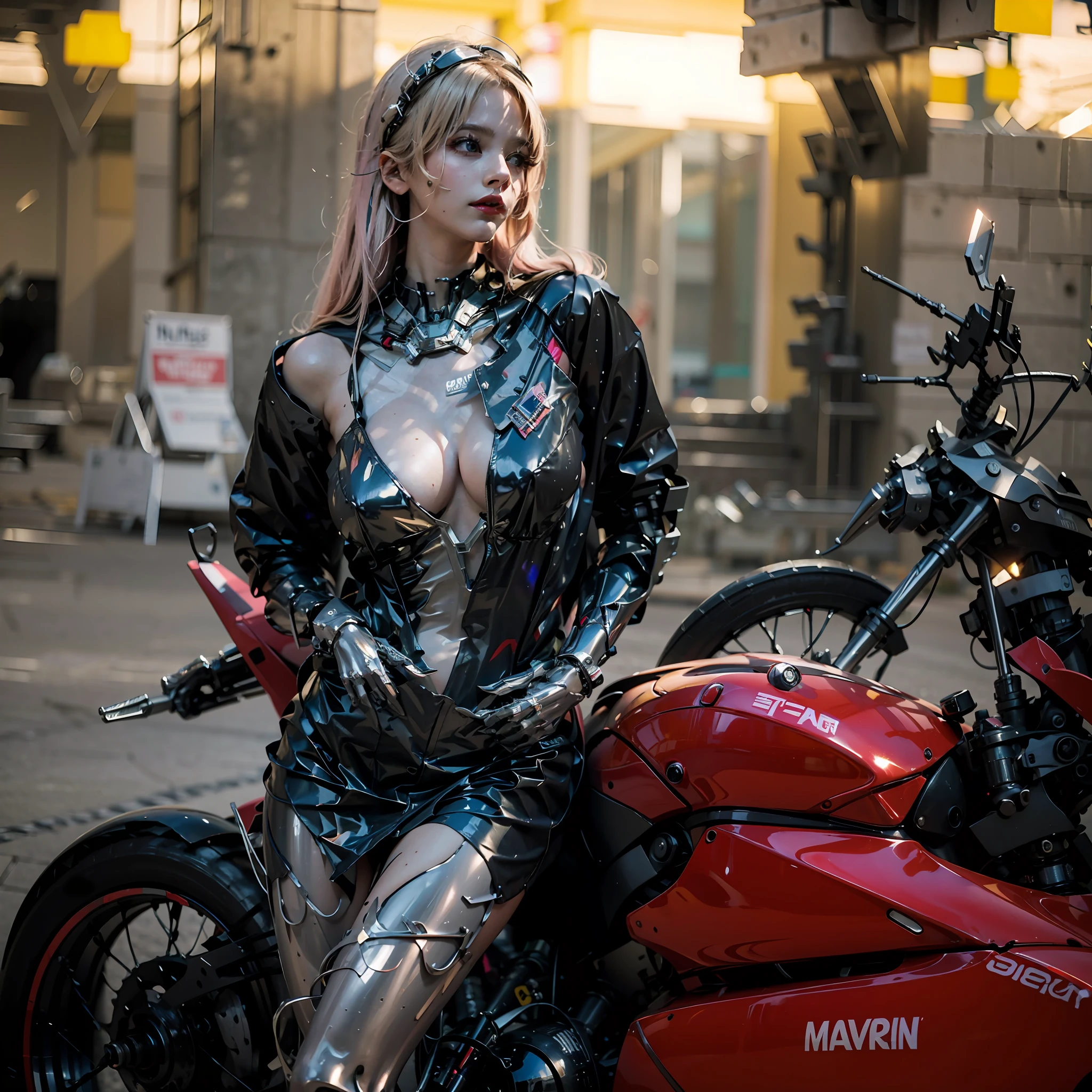 1 mechanical girl: 1.4, Sailor Moon, white mechanical arm, humanoid body, pink sailor suit, good-looking face, sailor Moon, moon hare, rabbit ears, mechanical ears, white blouse, blonde hair, mechanical arm, pink skirt, side, heart-shaped robot in the background, sci-fi background, complex background, hair glowing hair, forehead hair light, moon, panorama, mechanical wings, large wings in the background