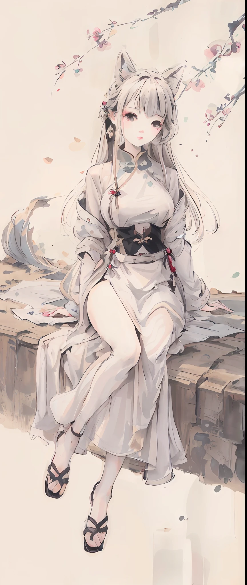 ((4k,masterpiece,best quality)), shuimobysim, Chinese painting, lotus, Hanfu, maxikit, conservatively dressed 1 boy, solo, white hair, fox ears, white, fish, there are many fish near the boy, look at the audience, tease oneeshota ,