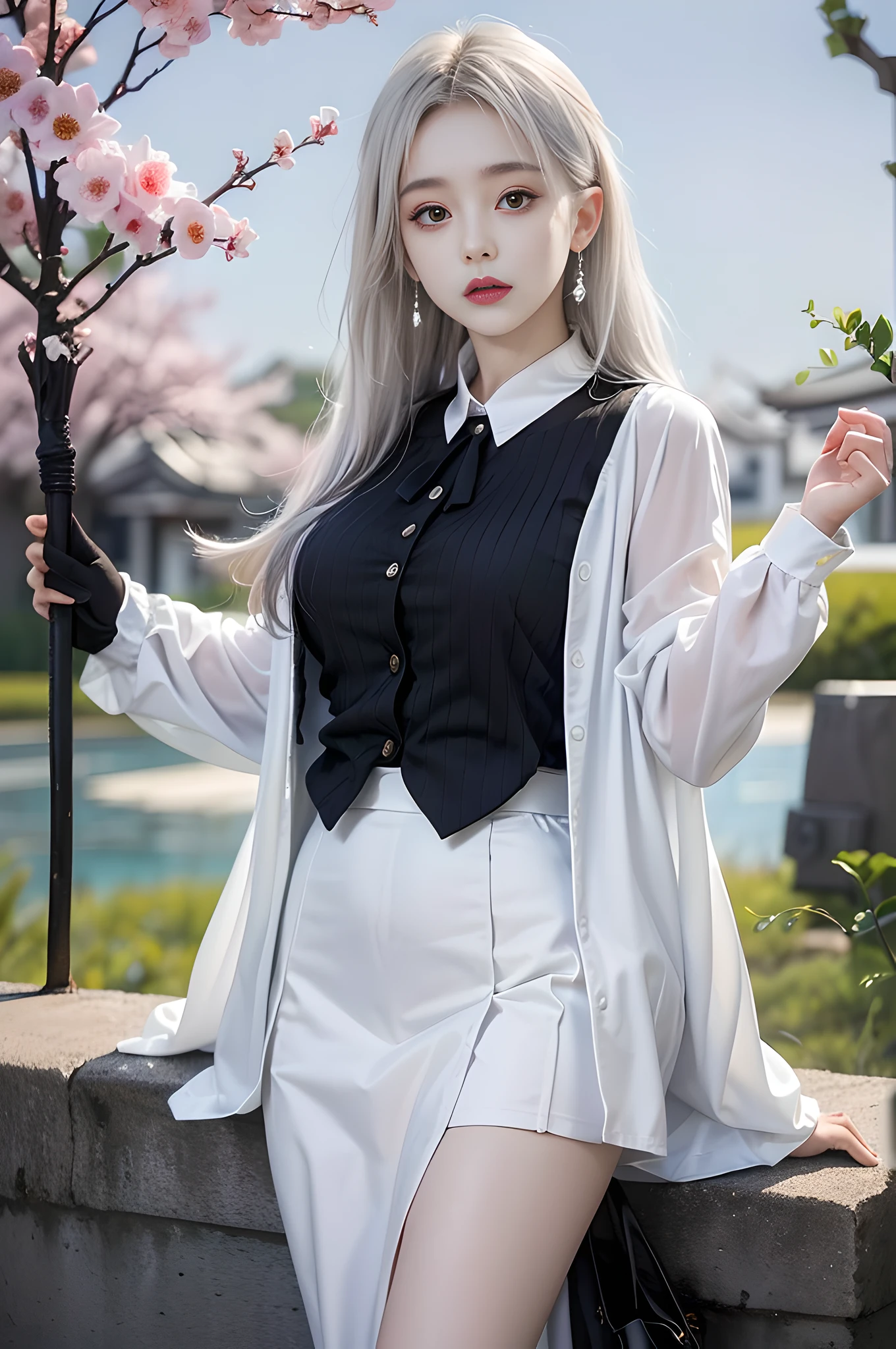 there is a woman that is posing for a picture in a park, sakimichan, Perfect white haired girl, Anime girl in real life, Urzan, 🌺 CGSesociety, cruel korean goth girl, style anime, Korean girl, shikamimi, JK school uniform, white shirt and grey skirt, Surrealism female student, sensual gloomy style, anime-inspired