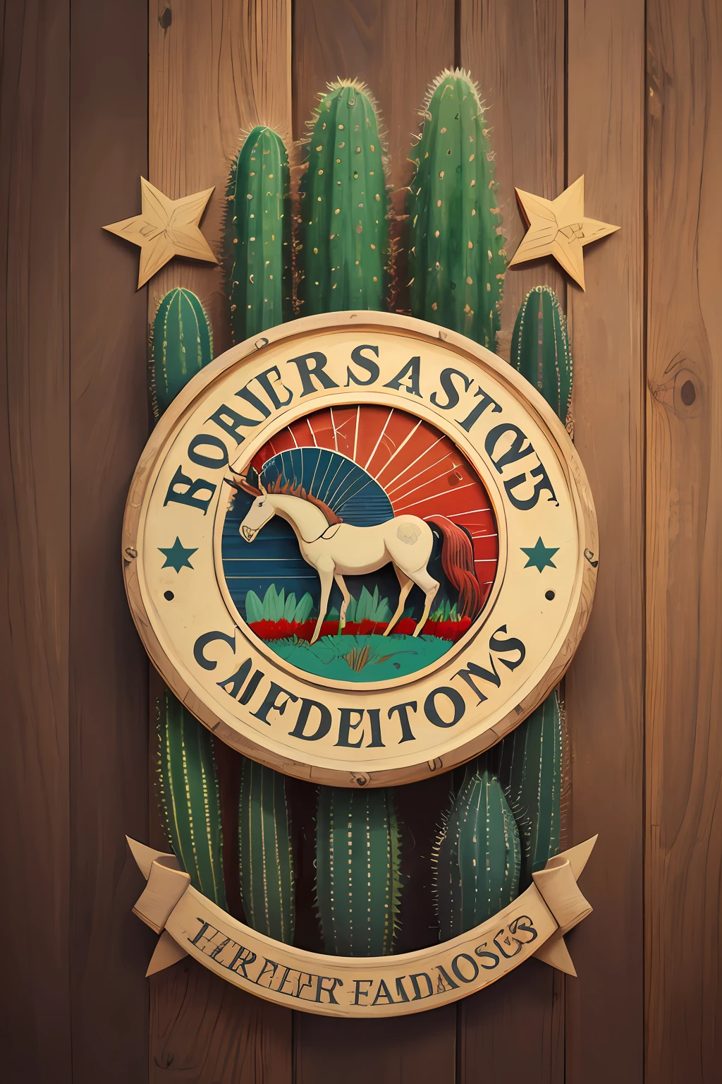 Logotipo de cavalo vetorial, silhuetas, vetorial, Wild West Stile, Faroeste, moldura redonda, cinematographic, geometrical forms, cores vermelhas, cactos ao redor