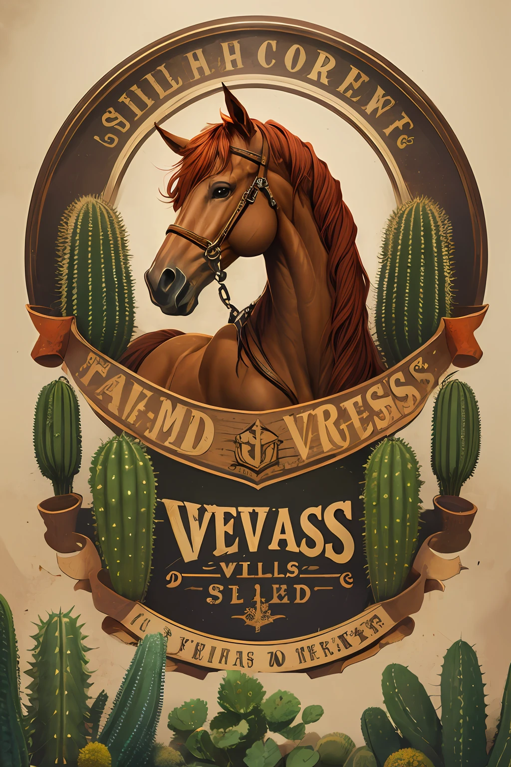 Logotipo de cavalo vetorial, silhuetas, vetorial, Wild West Stile, Faroeste, moldura redonda, cinematographic, geometrical forms, cores vermelhas, cactos ao redor