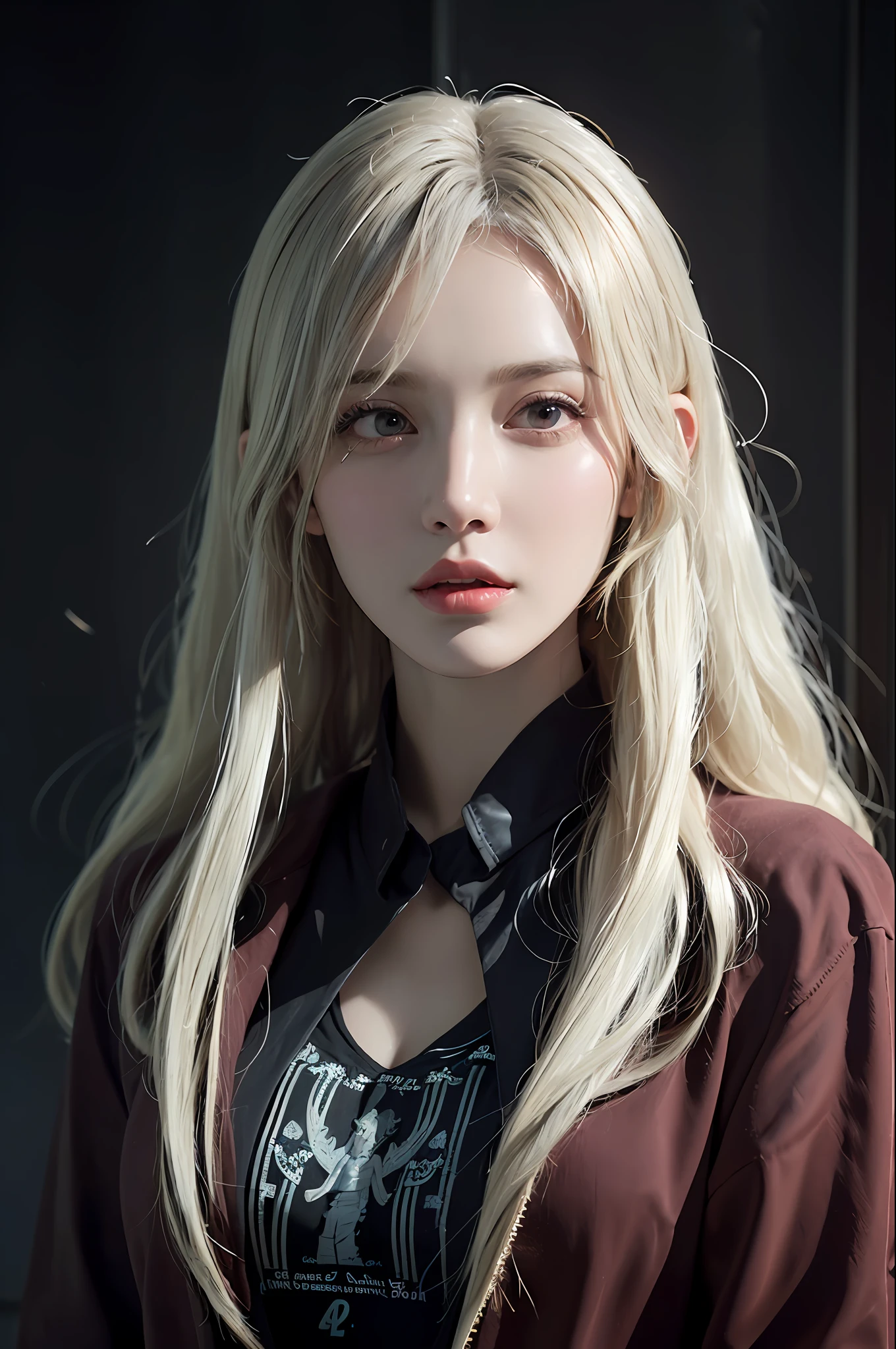 (in the dark:1.6), Hyperrealist portrait of female by david hockney and alphonse mucha,fantasy art, photo realistic, dynamic lighting, artstation, poster, volumetric lighting, very detailed faces, 4 k, award winning,, 1girl, in the dark, deep shadow, low key,cowboy shot,(official clothing:1.4) ,long hair,white hair,