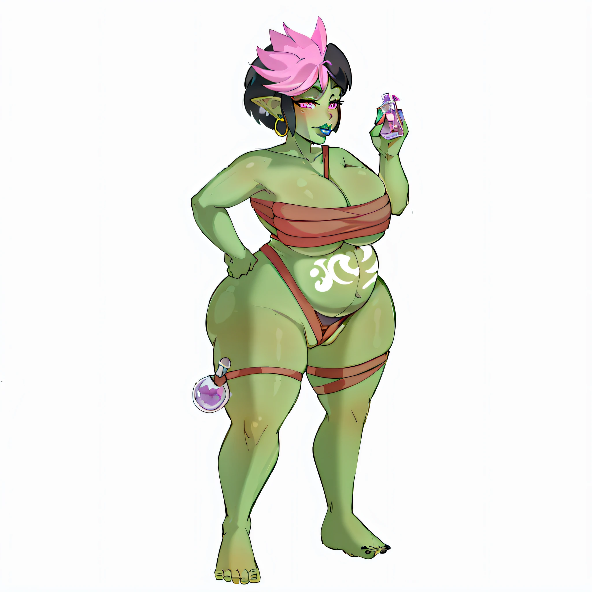 green swollen belly, pregnant with a leather thong below,