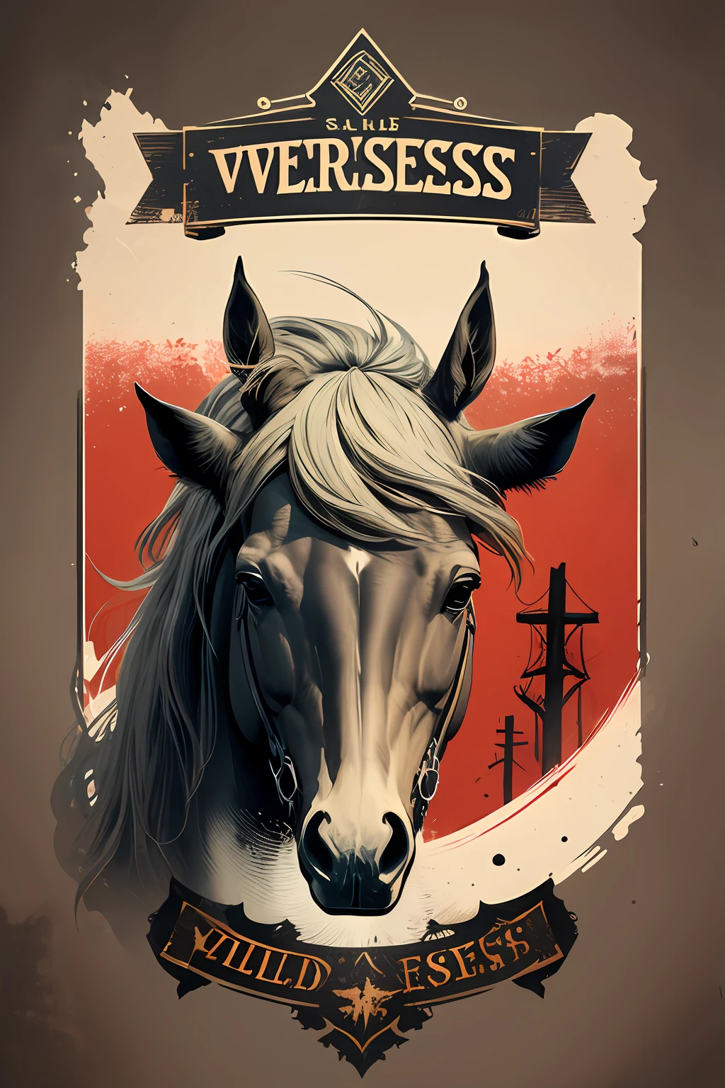 Logotipo de cavalo vetorial, silhuetas, vetorial, Wild West Stile, Faroeste, moldura redonda, cinematographic, geometrical forms, cores vermelhas