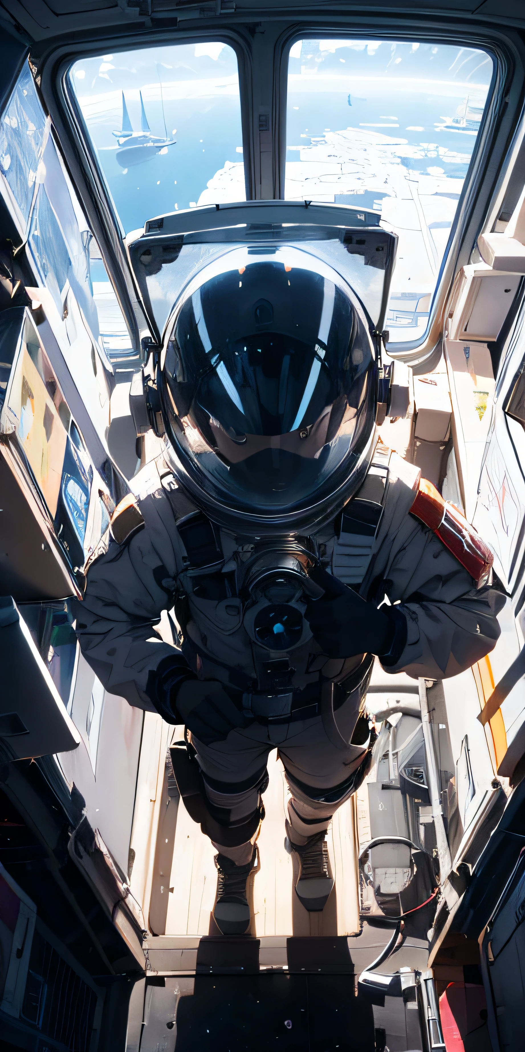 Ridiculous resolution, A high resolution, (masterpiece:1.4), hyper detailled, 1boy, Space helmet,selfee,looking from above, spaces, afloat, --v 6
