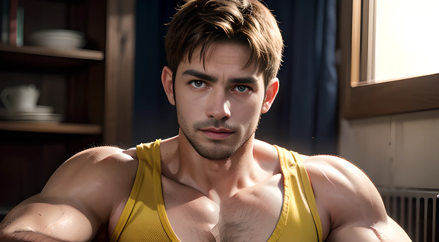 (Cowboy Shot), (one male gay handsome muscular man in their 30s wearing men's yellow tanktop), (he resembles Chris Redfield from Resident Evil), A ruggedly handsome, well-built protagonist with a towering stature, striking very short blond hair, chiseled features, and intense, captivating blue eyes, Mischievous smile, (small details: 1 in 1), Natural muscles, HIG quality, Beautiful  eyes, (Detailed face and eyes), (Face、: 1 / 2), Noise, Real Photographics、... ..............................PSD, Sharp Focus, High resolution 8K, realisitic & Professional Photography, 8K UHD, Soft lighting, High quality, Film grain, FUJI XT3