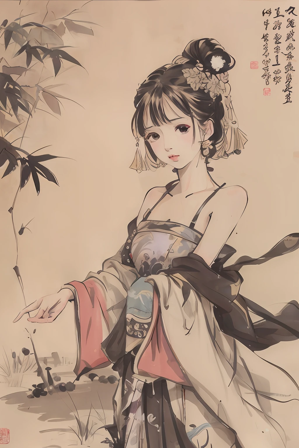 Negative space, ink, girl, woman,  shoulders, (0.5), lips, water splash, (tree:0.5), (flower:0.6), (bird:0.2), (bamboo:0.1), lake, hangzhou, bonian , bonian in background ,shukezouma,