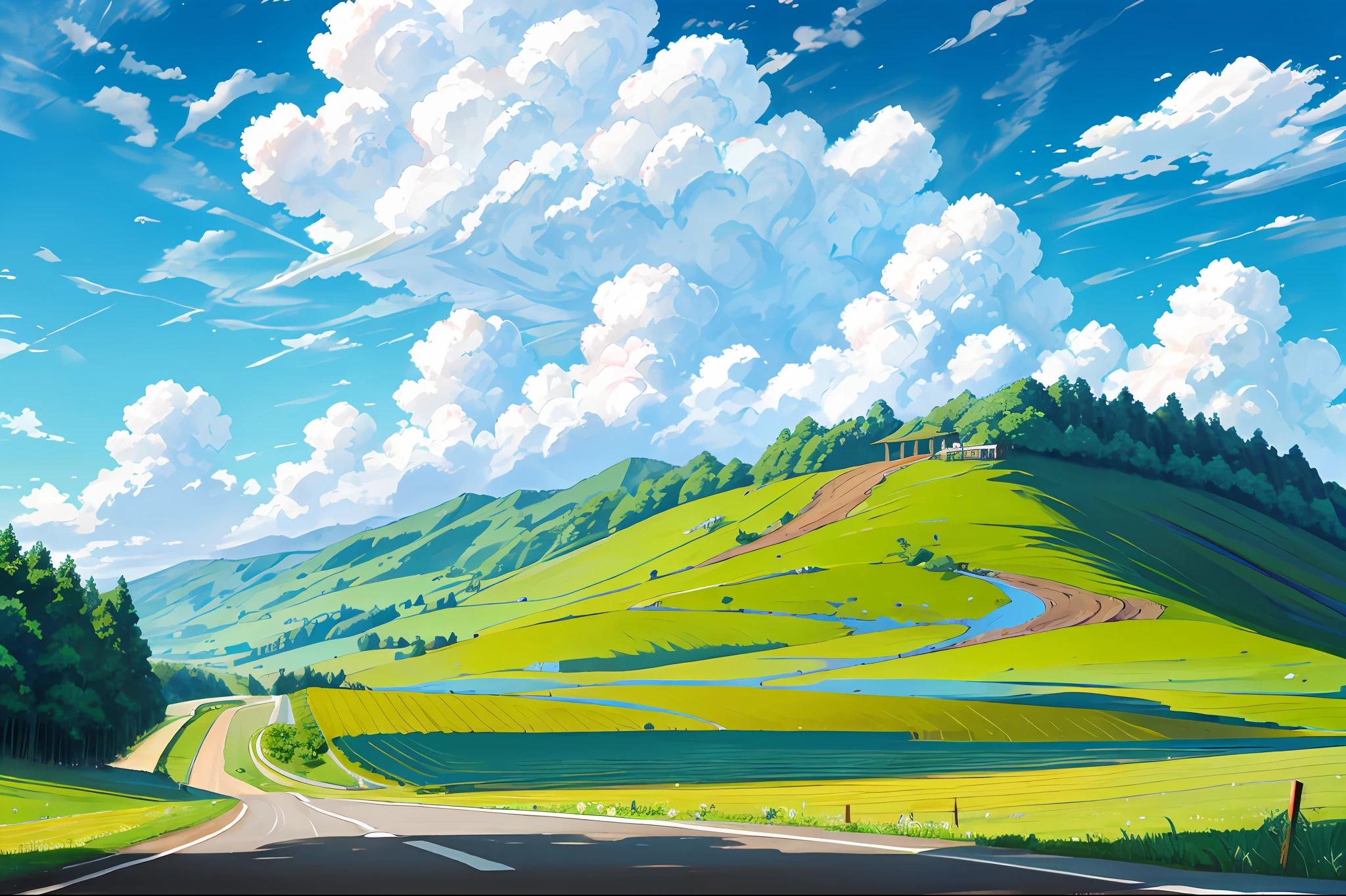 Blue sky, shrubs, clouds, cumulonimbus, clouds, amachia mountains, unmanned road signs, rural scenery, signs, sky, summer, sun trees