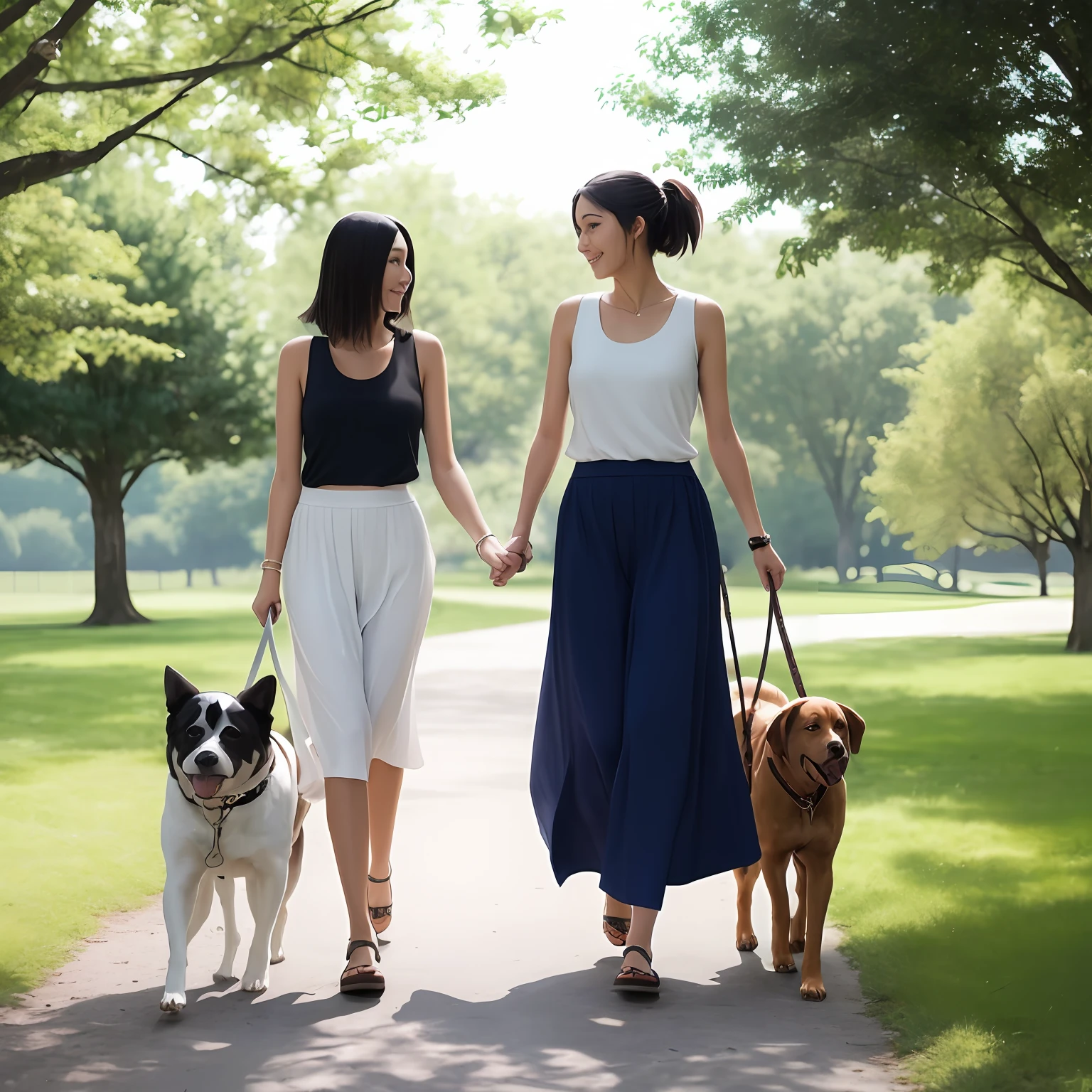Woman walking large dog in park、Female in her 20s、sleeveless、longskirt、Blonde Shortcuts --auto