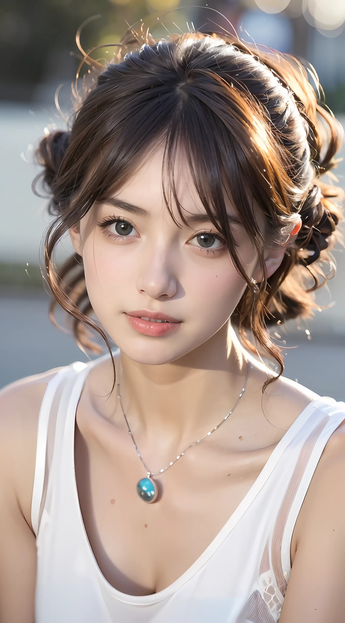 A girl holding a camera, , mix4,(8k, RAW photo, best quality, masterpiece:1.2), (realistic, photo-realistic:1.37),1girl,cute,cityscape, night, rain, wet, professional lighting, photon mapping, radiosity, Physically-based rendering, gradient brunette hair, short curly hair, handsome, girly, white ball set, superb picture quality, high resolution, 1080p, (clear face), (detailed face description), (detailed hand description), (masterpiece), (exquisite CG), extreme light and shadow, messy hair, masterpiece, rich detail, (exquisite facial features), (highest image quality), (masterpiece), (detailed eyes), look forward to your eyes, delicate collarbone