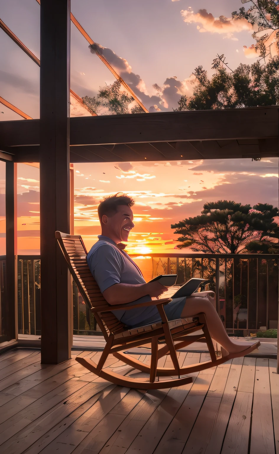 A person sitting in a rocking chair on the porch, looking at the sunset. The person is reading a Bible and has a smile on his face. Sunsets are beautiful and peaceful with orange and pink colors in the sky. There are trees and flowers on the porch, and the air is filled with the sound of birdsong.