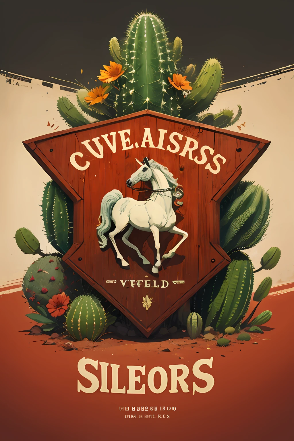 Logotipo de cavalo vetorial, silhuetas, vetorial, Wild West Stile, Faroeste, moldura redonda, cinematographic, geometrical forms, cores vermelhas, cactos ao redor