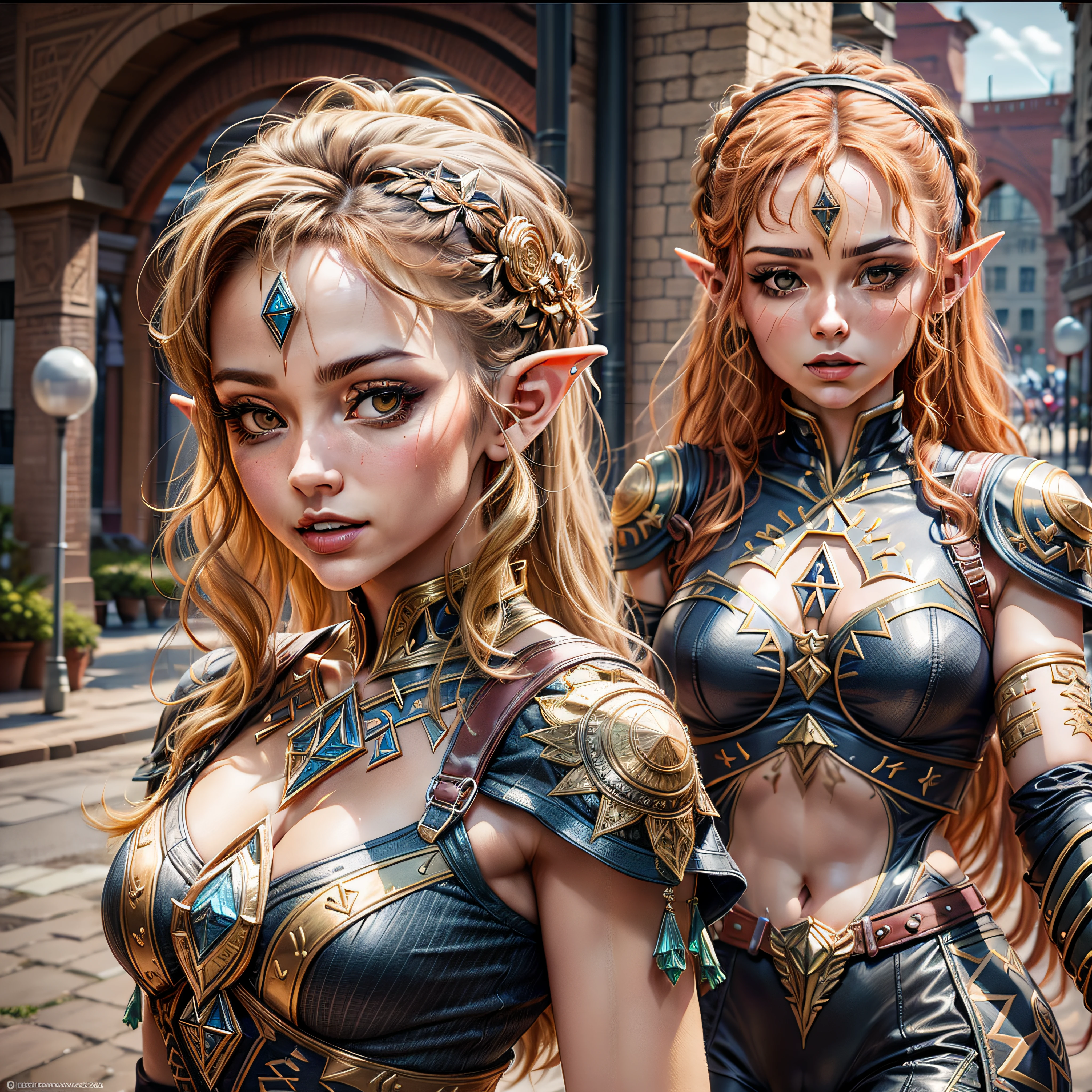Mulher de cabelos loiros em roupa azul e bege segurando em poses de combate como em street fighter, lutando como em street fighter 2, guerreira, Zelda, Retrato de Zelda, de lenda de Zelda, Link da lenda de Zelda, link do Zelda, Fotos cosplay, Cosplay ornamentado, Cosplay profissional, Cosplay, Cosplay Completo, Artgerm Moody Fotografia, Princesa Zelda, Zelda como Triforce, Hyrule, Anime Garota Cosplay, ray-traced, 3d-render, extremanente detalhado, alta qualidade, Luz e sombra realistas, cabelos loiros, eye reflection, Sorriso leve, ray tracing, ray tracing, High detail, realismo, hiper-realismo, profundidade de campo, cinematic lighting, desfoque de movimento, brilho, luz brilhante, raios de deus, ray tracing, reflection light, Afterimage, multiple views, Reflexo da lente, Bokeh, 4k, UHD, Masterpiece, anatomicamente correto, pele texturizada, Super Detalhe, alta qualidade, best quality, 8k